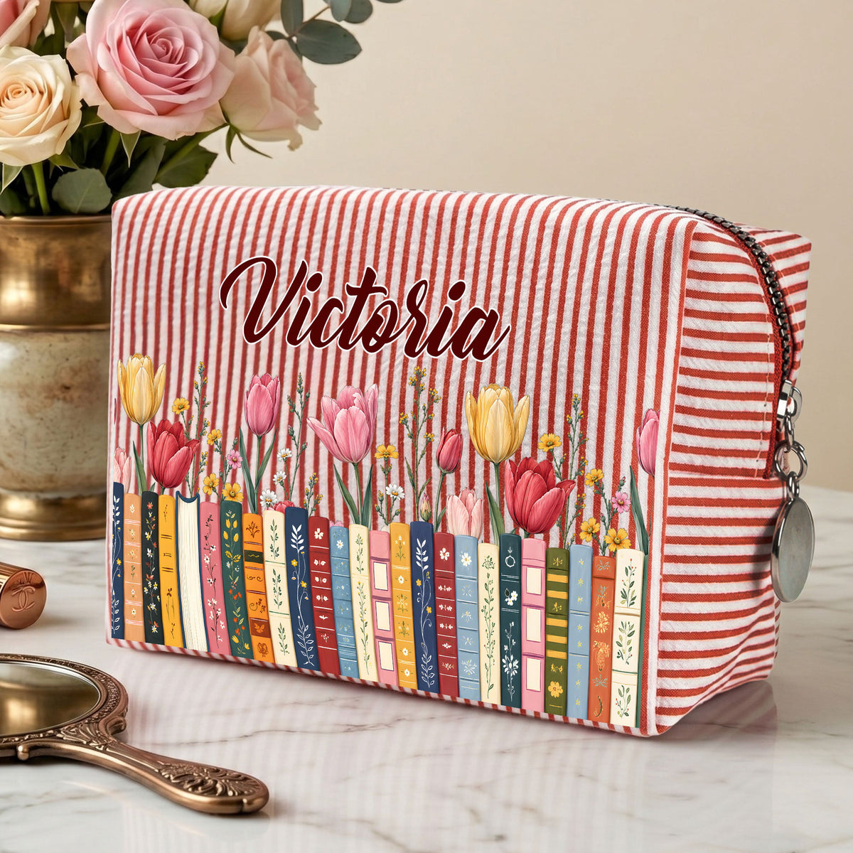Custom Name & Birth Flower For Teachers, Friends, Coworkers, Boss - Personalized Makeup Bag