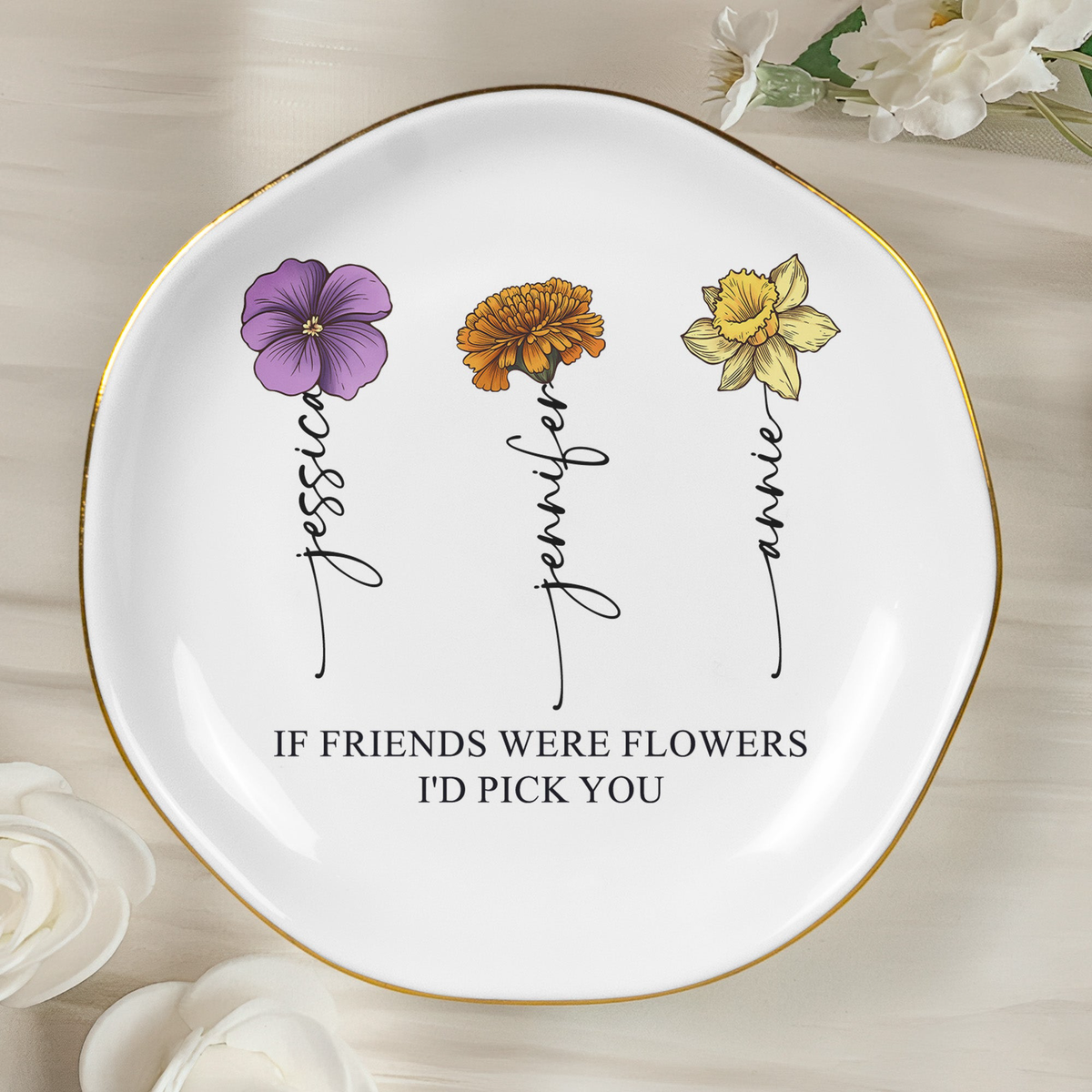 Custom Name & Birth Flower Friendship Ring Dish For Her, Friends, Soul Sisters - Personalized Jewelry Dish