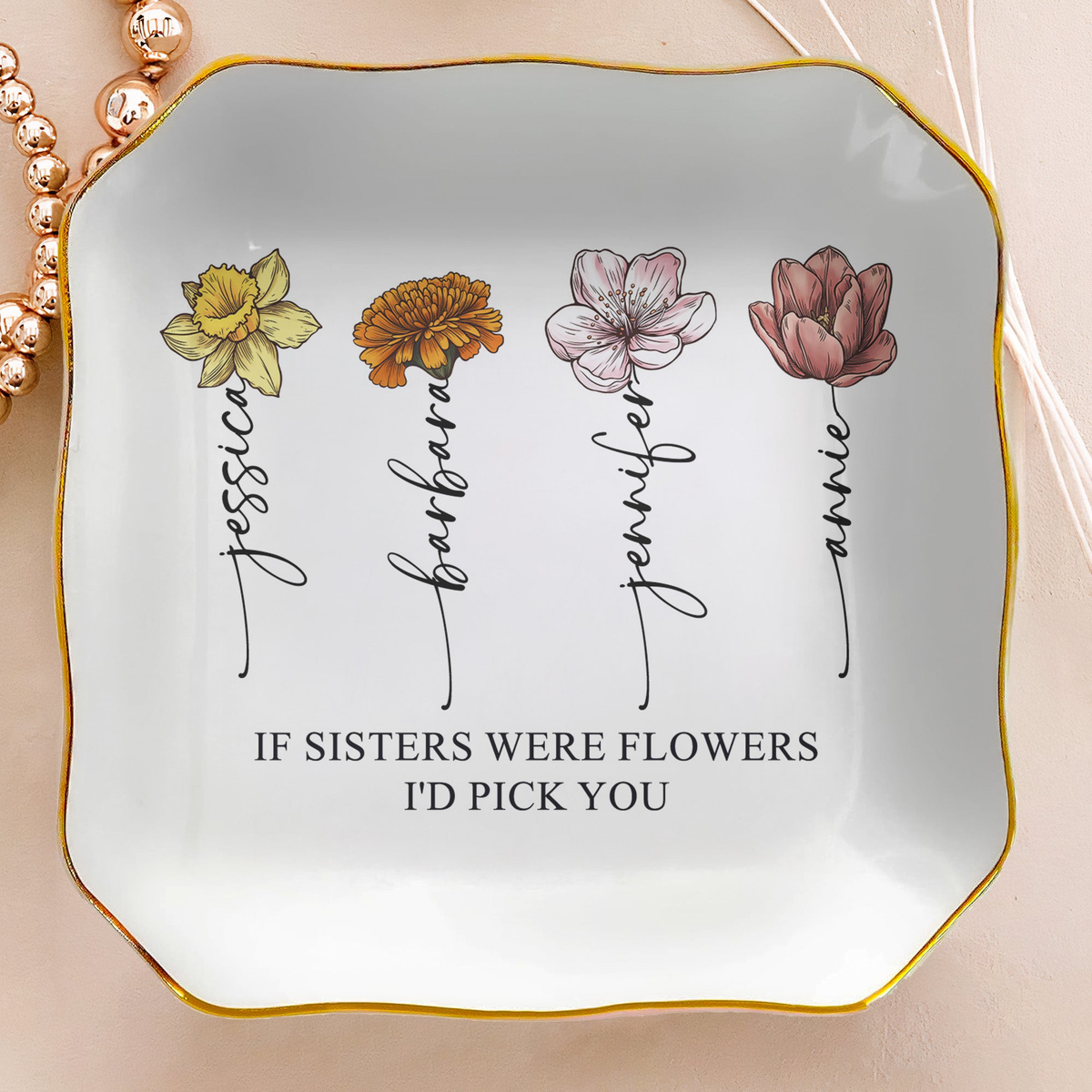 Custom Name & Birth Flower Friendship Ring Dish For Her, Friends, Soul Sisters - Personalized Jewelry Dish