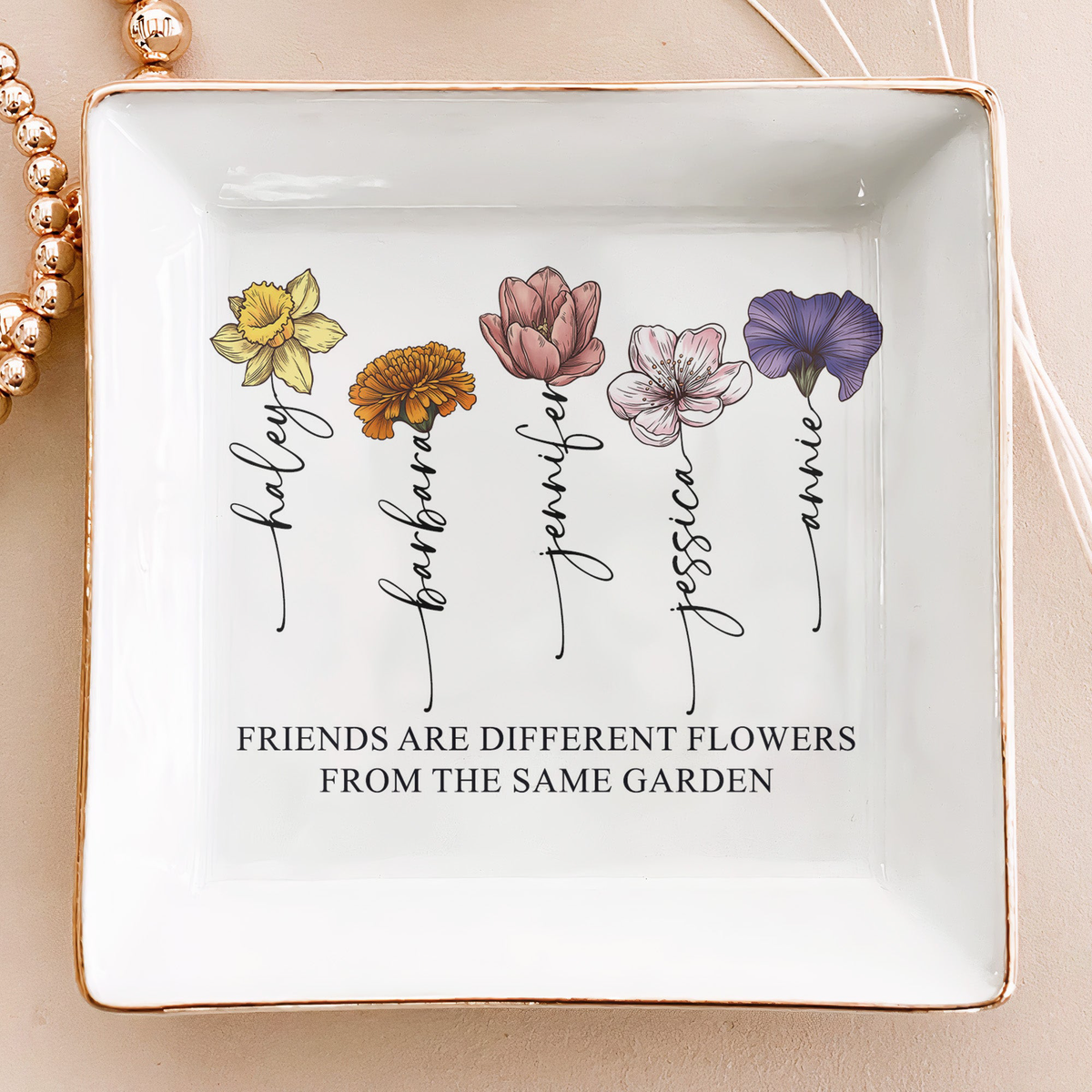 Custom Name & Birth Flower Friendship Ring Dish For Her, Friends, Soul Sisters - Personalized Jewelry Dish