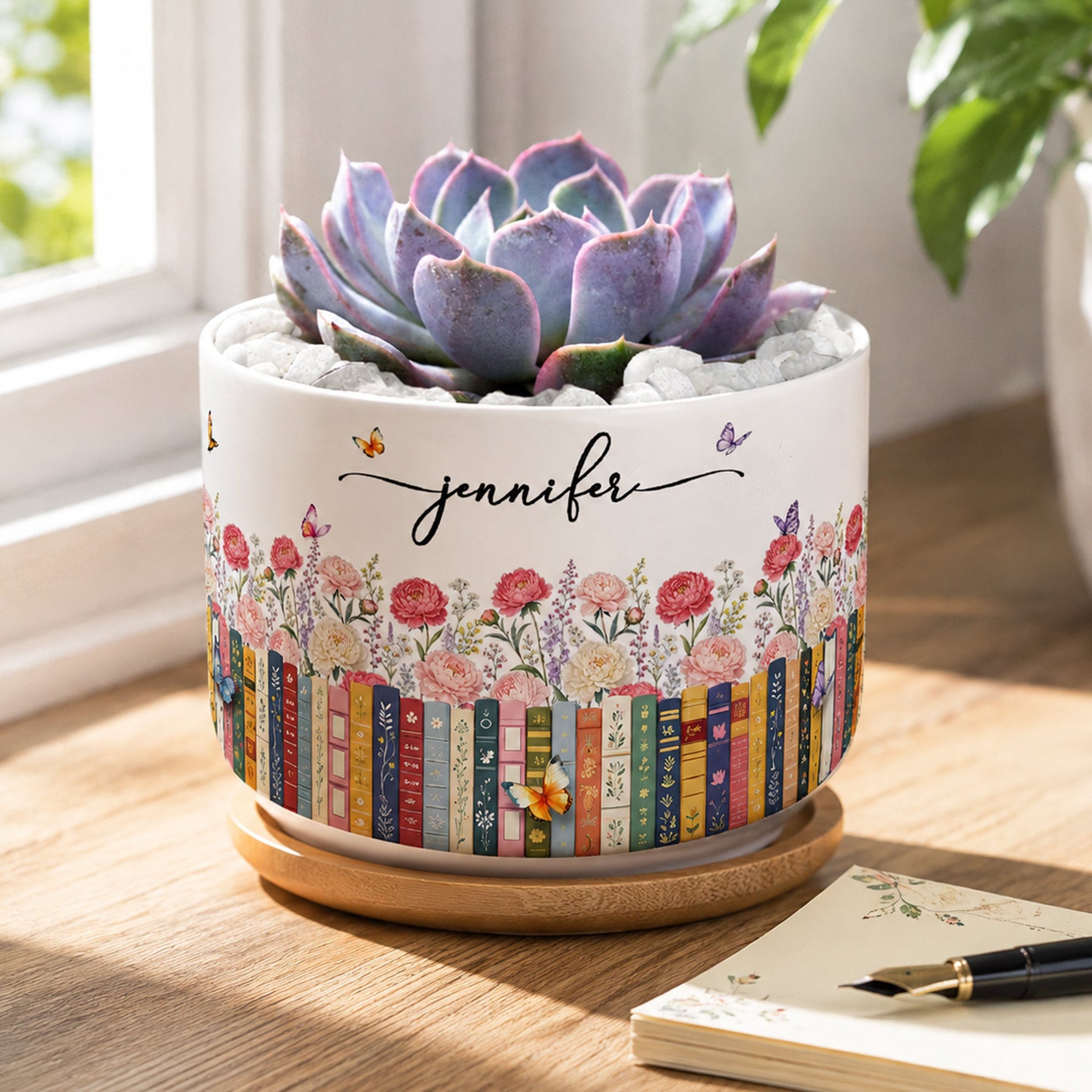 Custom Name & Birthflower For Book Lovers, Book Clubs - Personalized Plant Pot