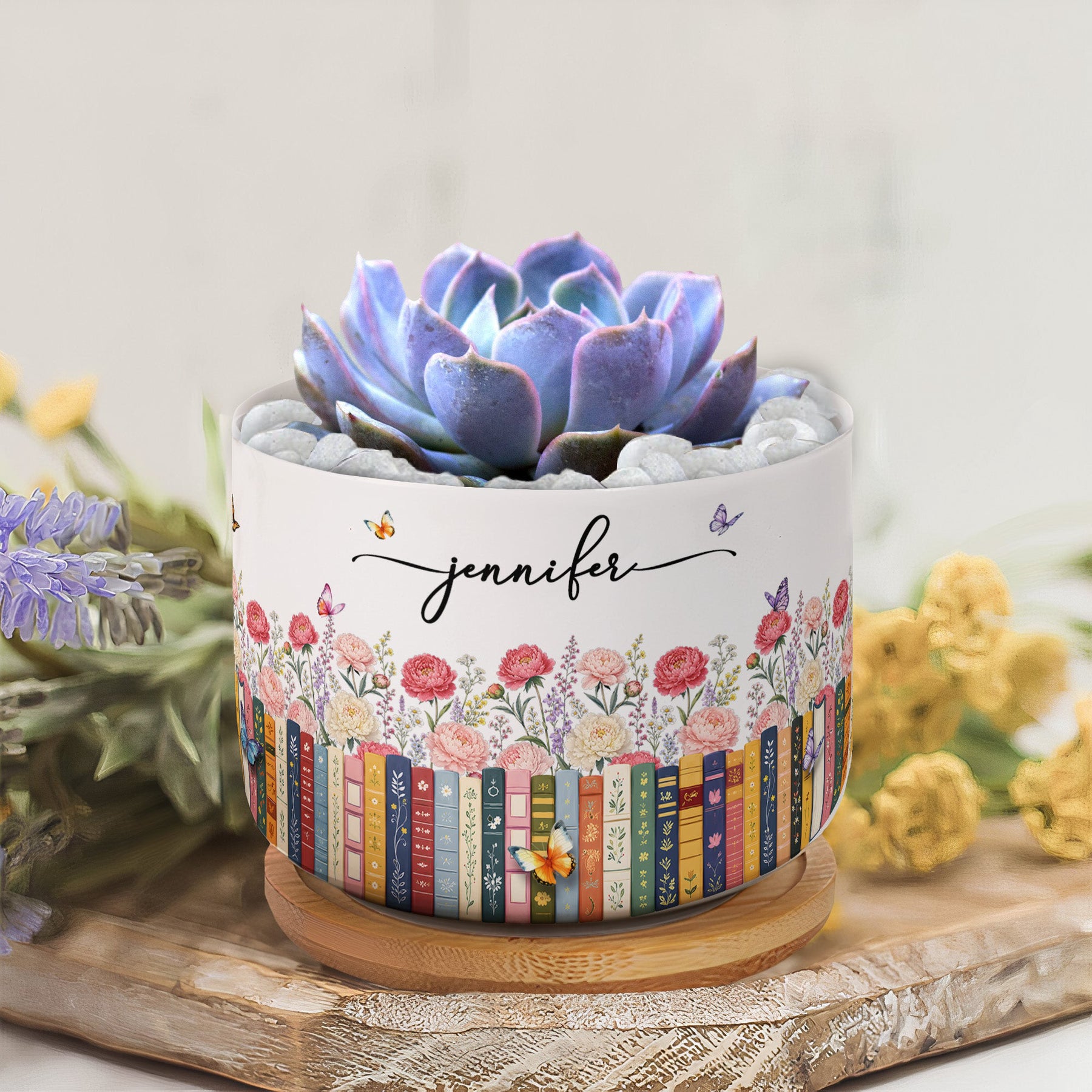 Custom Name & Birthflower For Book Lovers, Book Clubs - Personalized Plant Pot