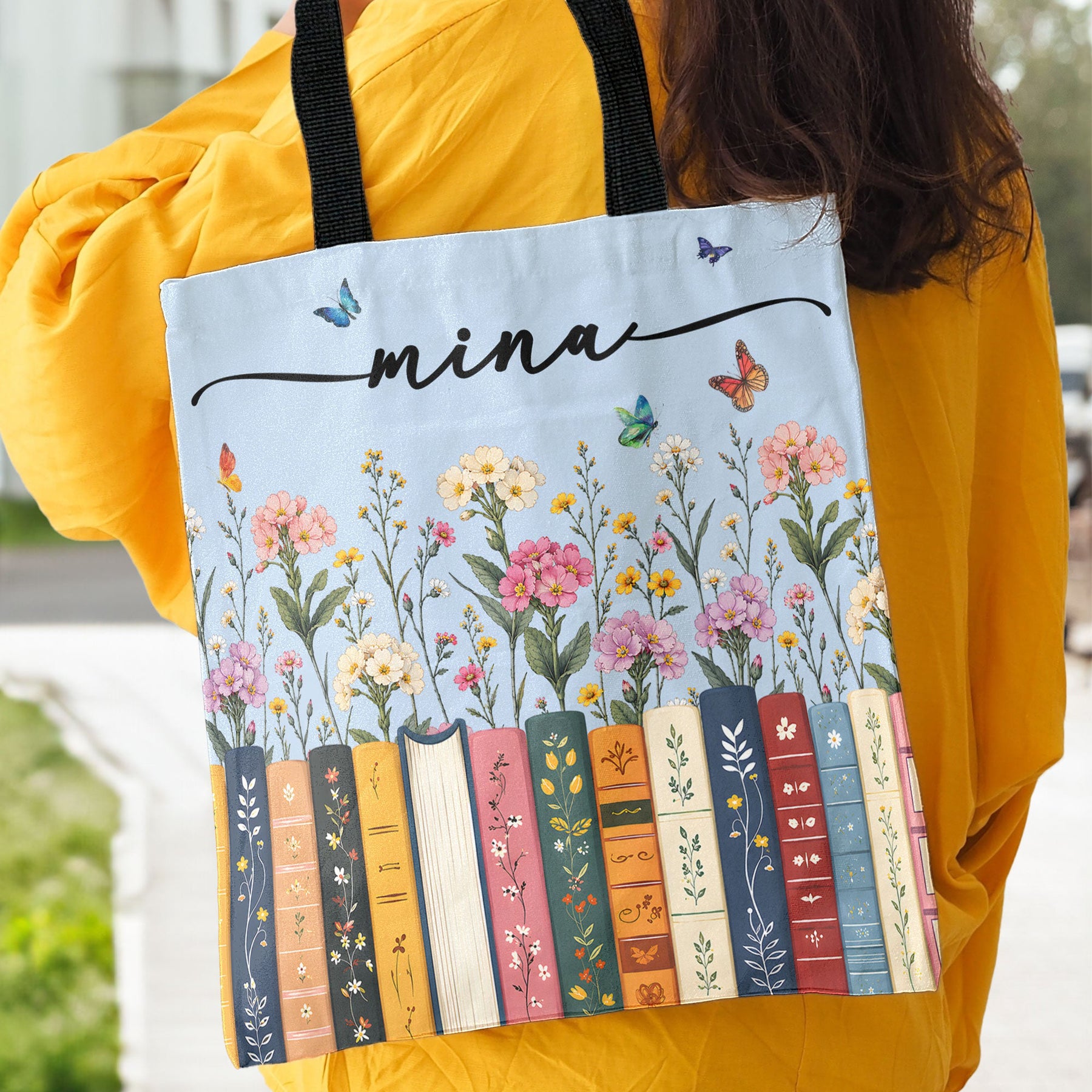 Custom Name & Birthflower For Book Lovers, Book Clubs - Personalized Tote Bag