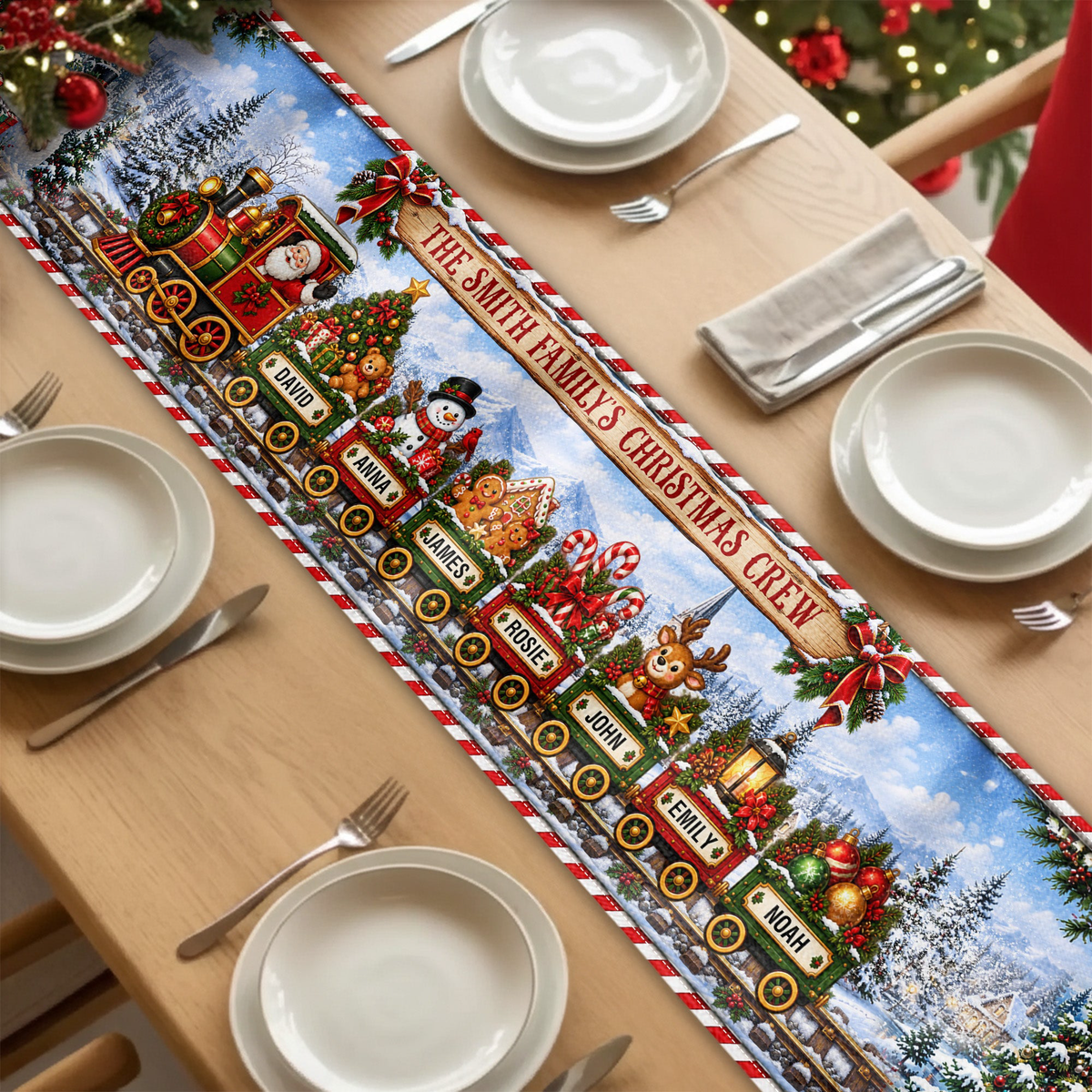 Custom Name Christmas Train Holiday Runner, Christmas Dining Table Decor, Family Christmas Decoration, Holiday Gift - Personalized Table Runner