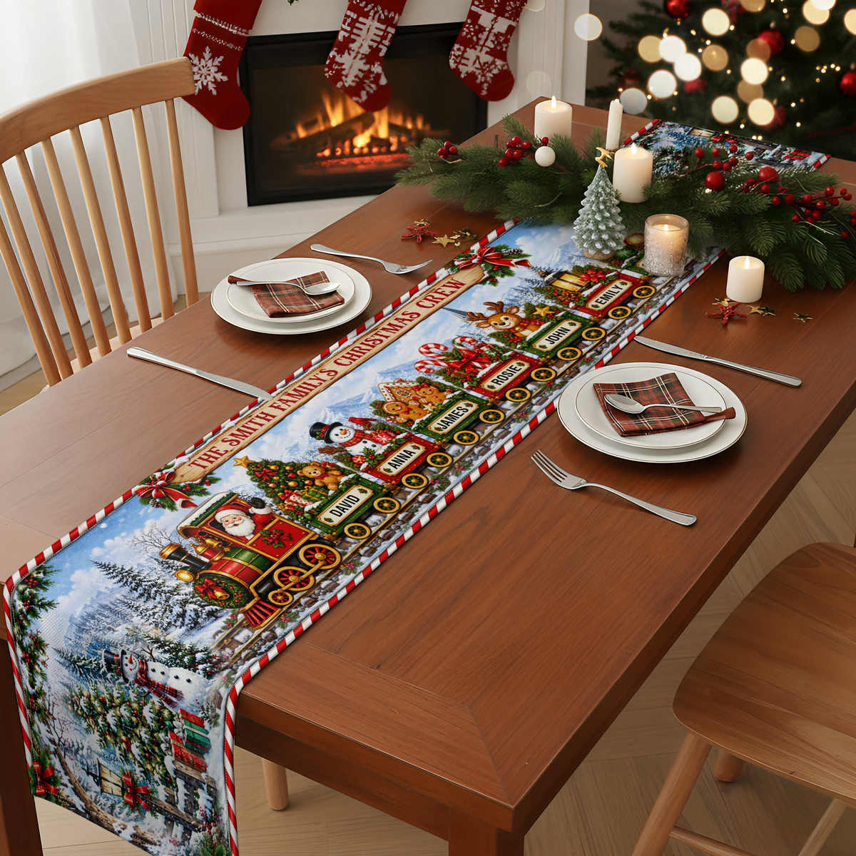 Custom Name Christmas Train Holiday Runner, Christmas Dining Table Decor, Family Christmas Decoration, Holiday Gift - Personalized Table Runner