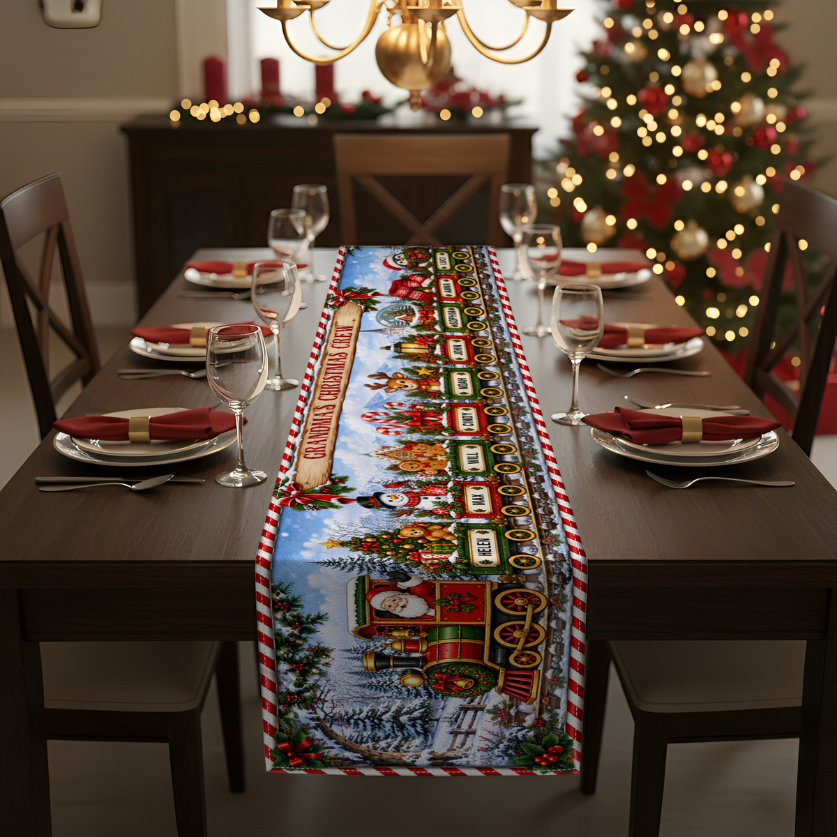Custom Name Christmas Train Holiday Runner, Christmas Dining Table Decor, Family Christmas Decoration, Holiday Gift - Personalized Table Runner
