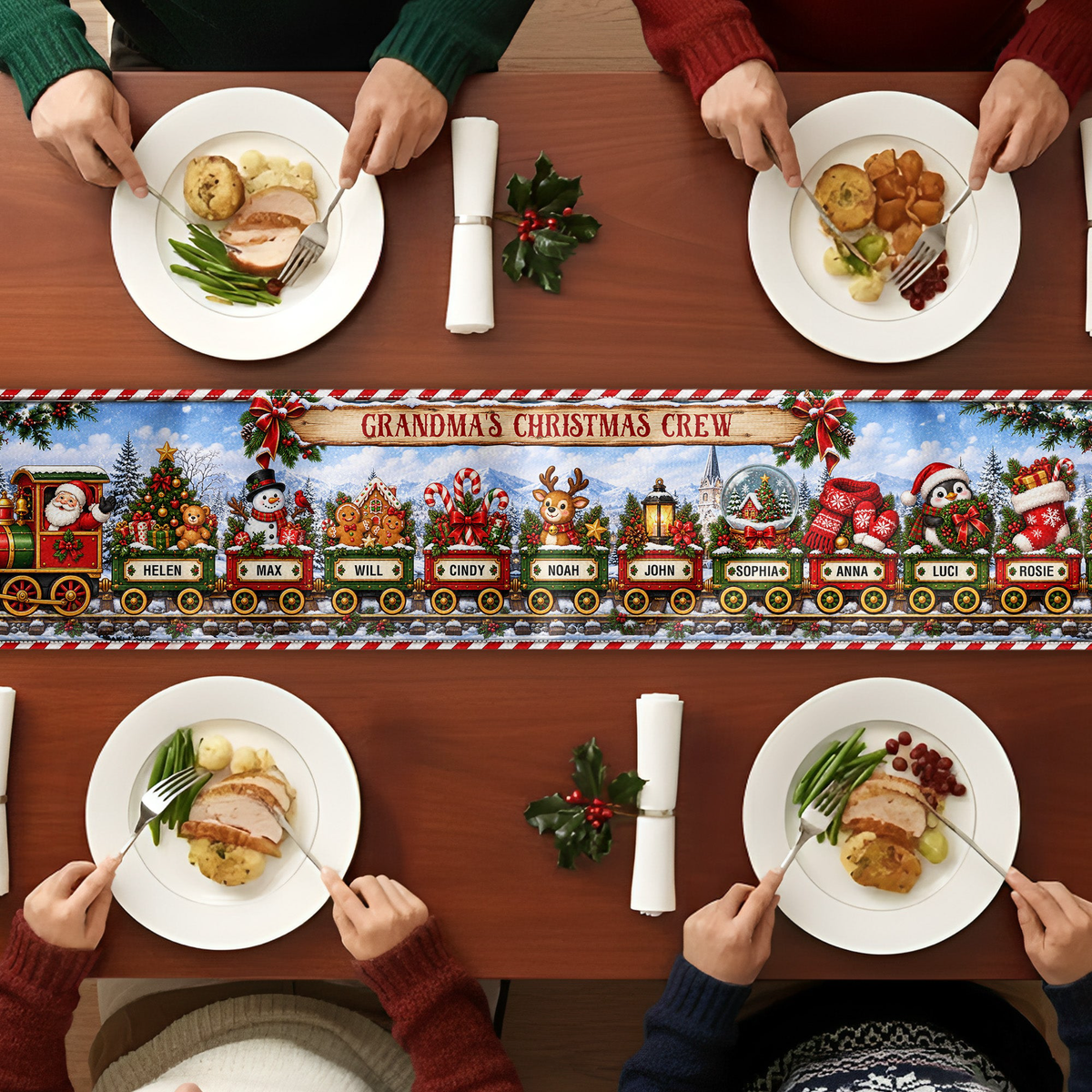 Custom Name Christmas Train Holiday Runner, Christmas Dining Table Decor, Family Christmas Decoration, Holiday Gift - Personalized Table Runner