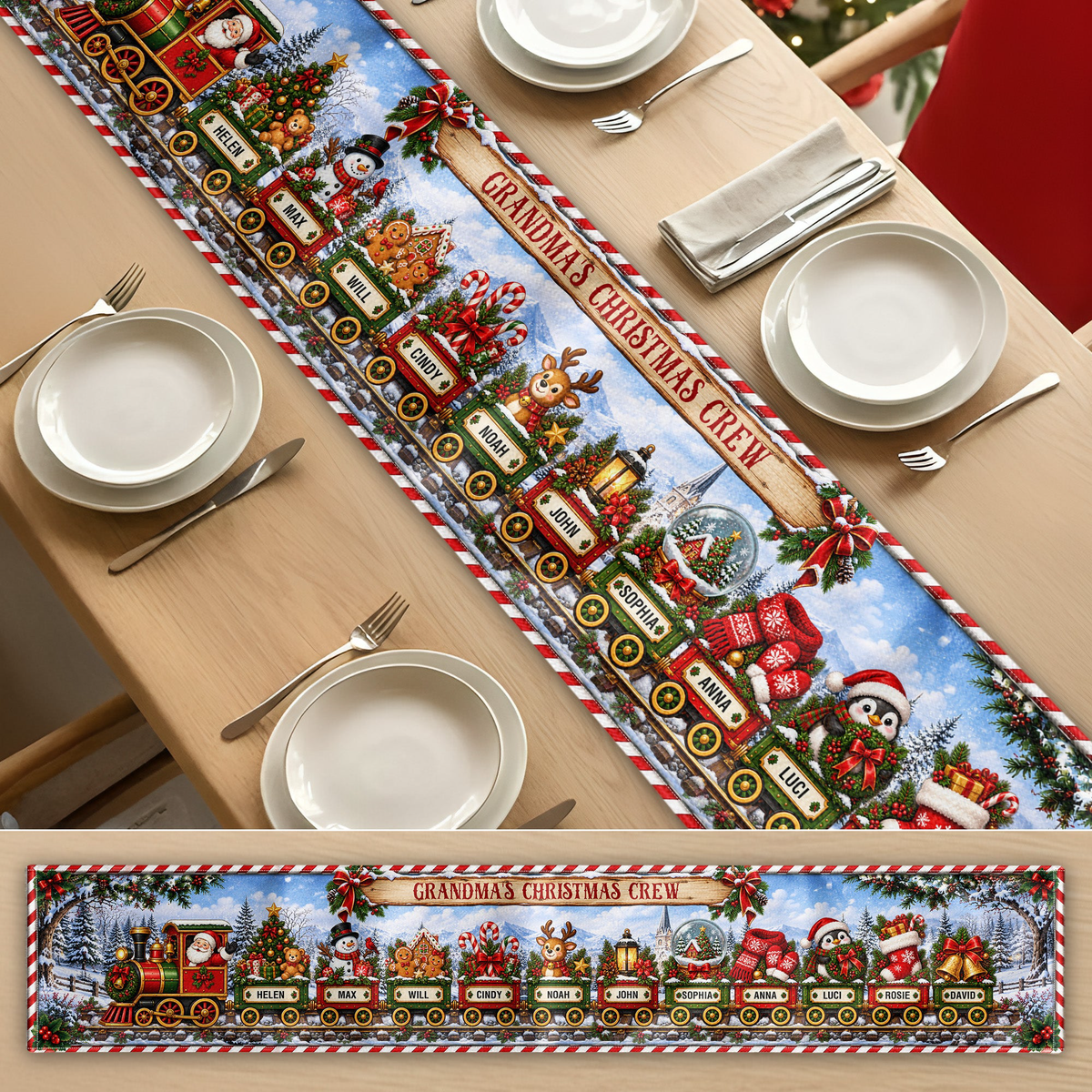 Custom Name Christmas Train Holiday Runner, Christmas Dining Table Decor, Family Christmas Decoration, Holiday Gift - Personalized Table Runner