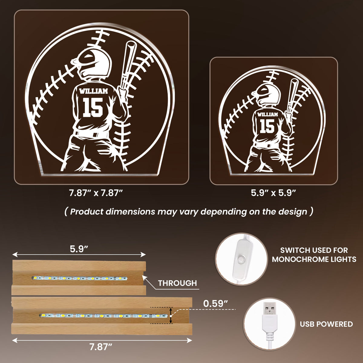 Custom Name, Number Gift For Baseball Players- Personalized Night Light