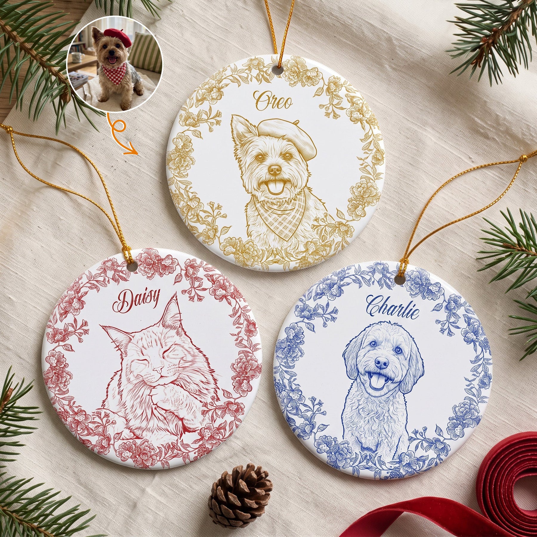 Custom Pet Photo Sketch Line Art Chrismtas Tree Decor For Pet Lovers - Personalized Ornament