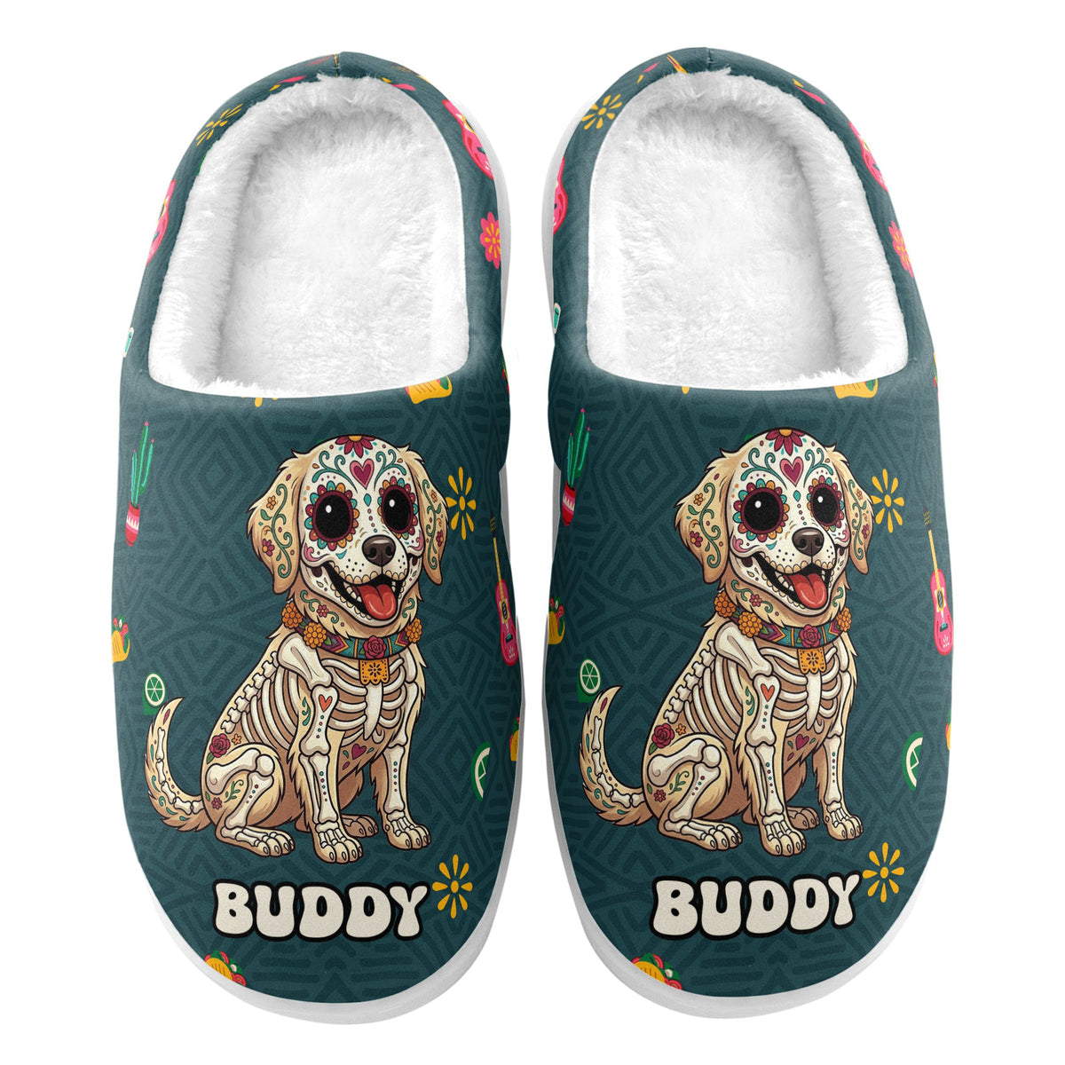 Custom Pet Portrait Day Of The Dead Mexican Hispanic Style - Personalized Slippers