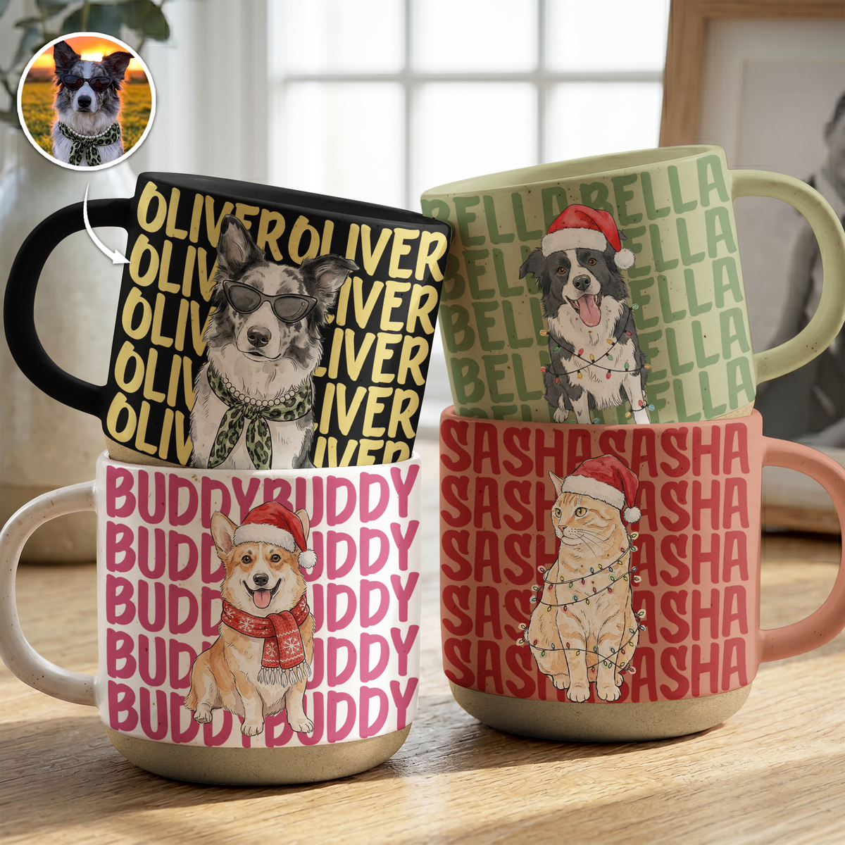 Custom Photo & Name Watercolor Style Christmas Gift For Pet Lovers - Personalized Mug