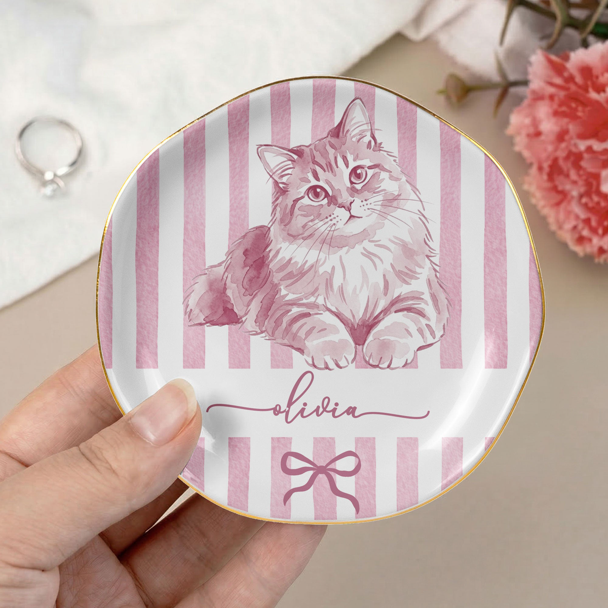 Custom Photo Pet Portrait Watercolor Stripe Coquette - Personalized Jewelry Dish