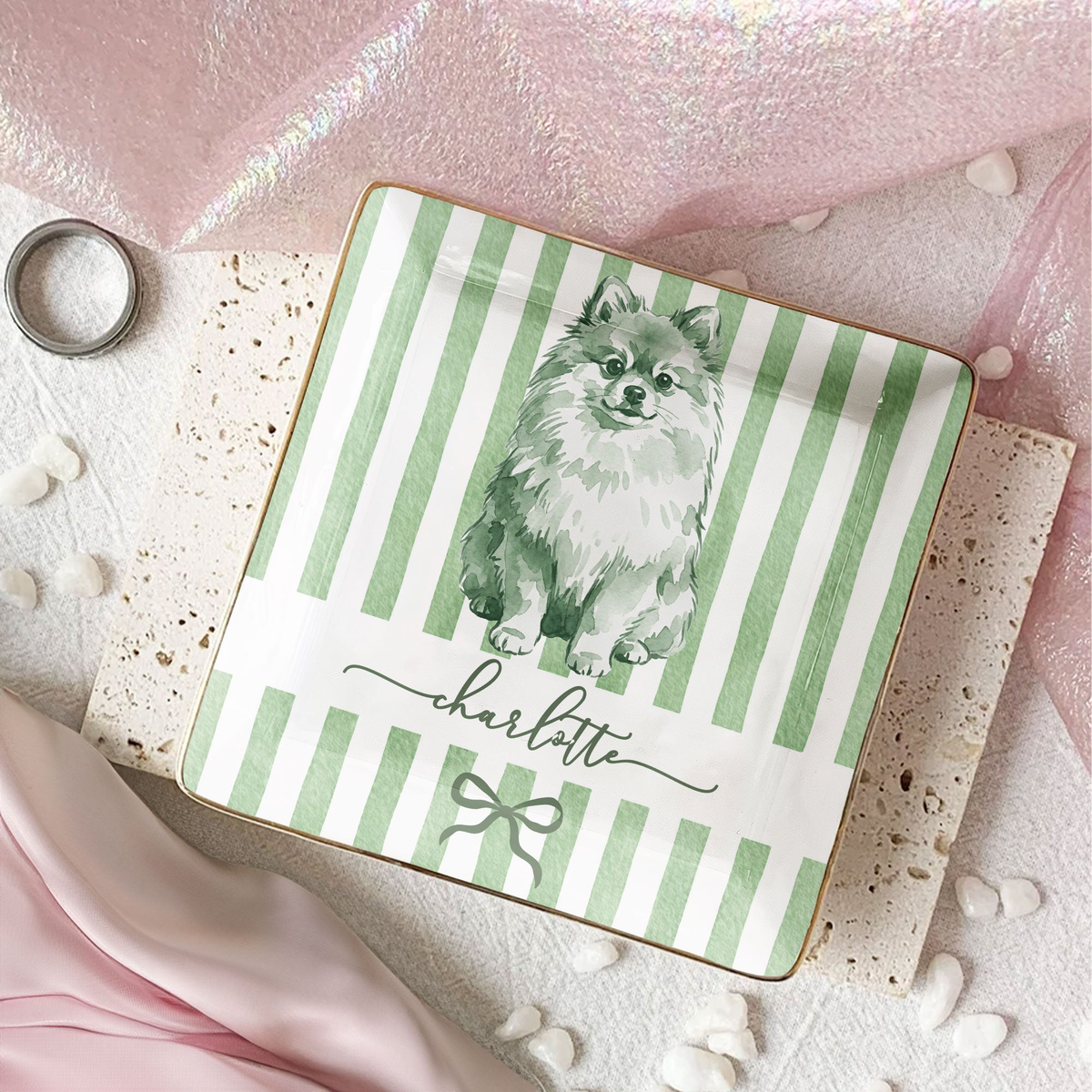 Custom Photo Pet Portrait Watercolor Stripe Coquette - Personalized Jewelry Dish
