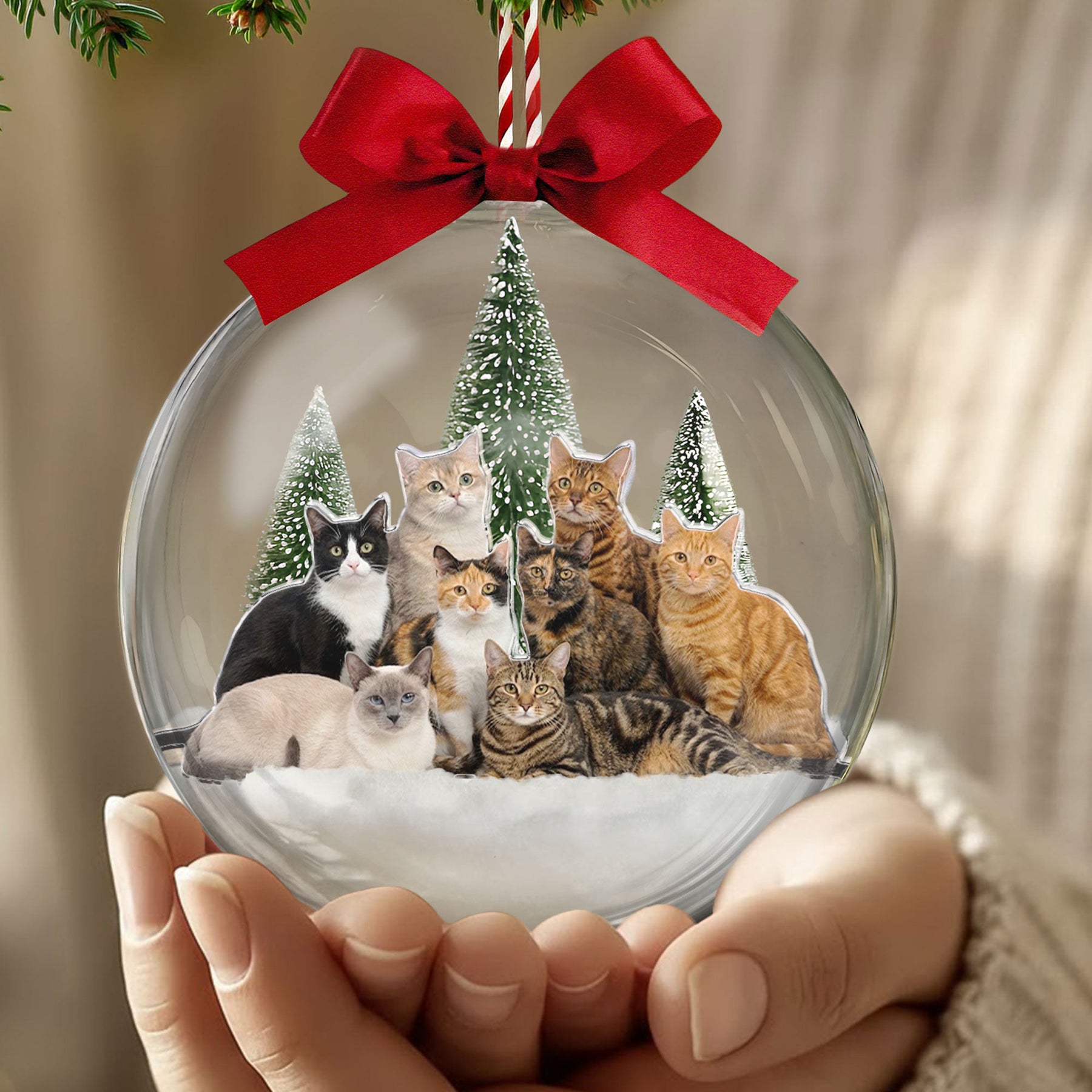 Custom Photo Pet Snow Ball Ornament, Christmas Gift For Cat Lover, Cat Portrait Baulble For Xmas Tree - Personalized Ornament