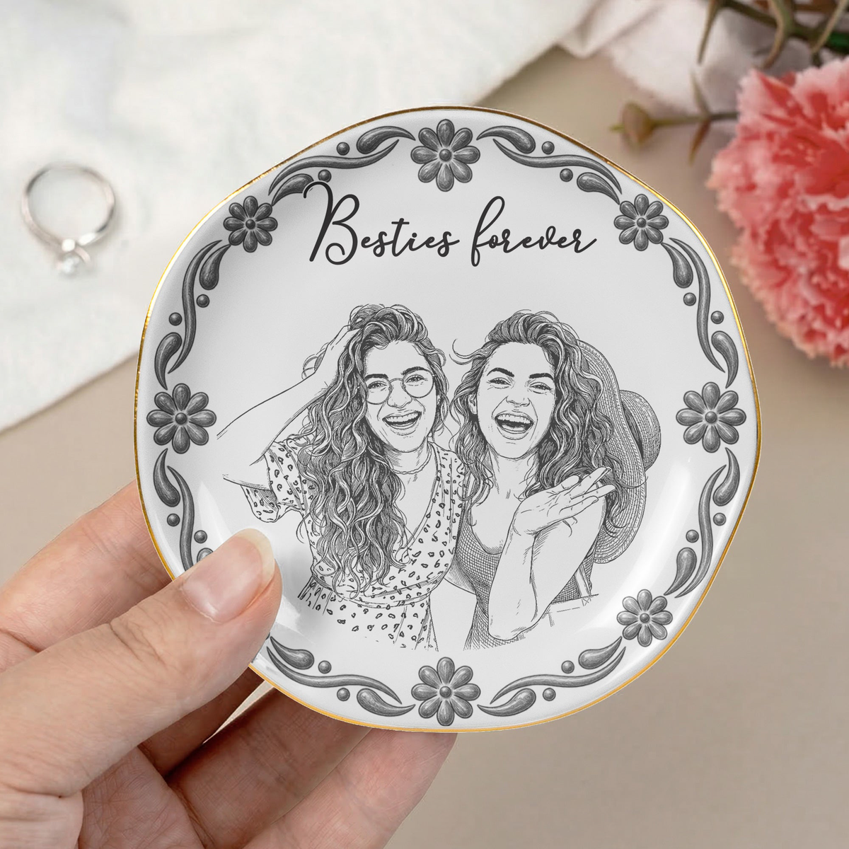 Custom Photo Sketch Art Friendship Gifts For Her, Best Friends, Thank You Gifts - Persoanlized Jewelry Dish