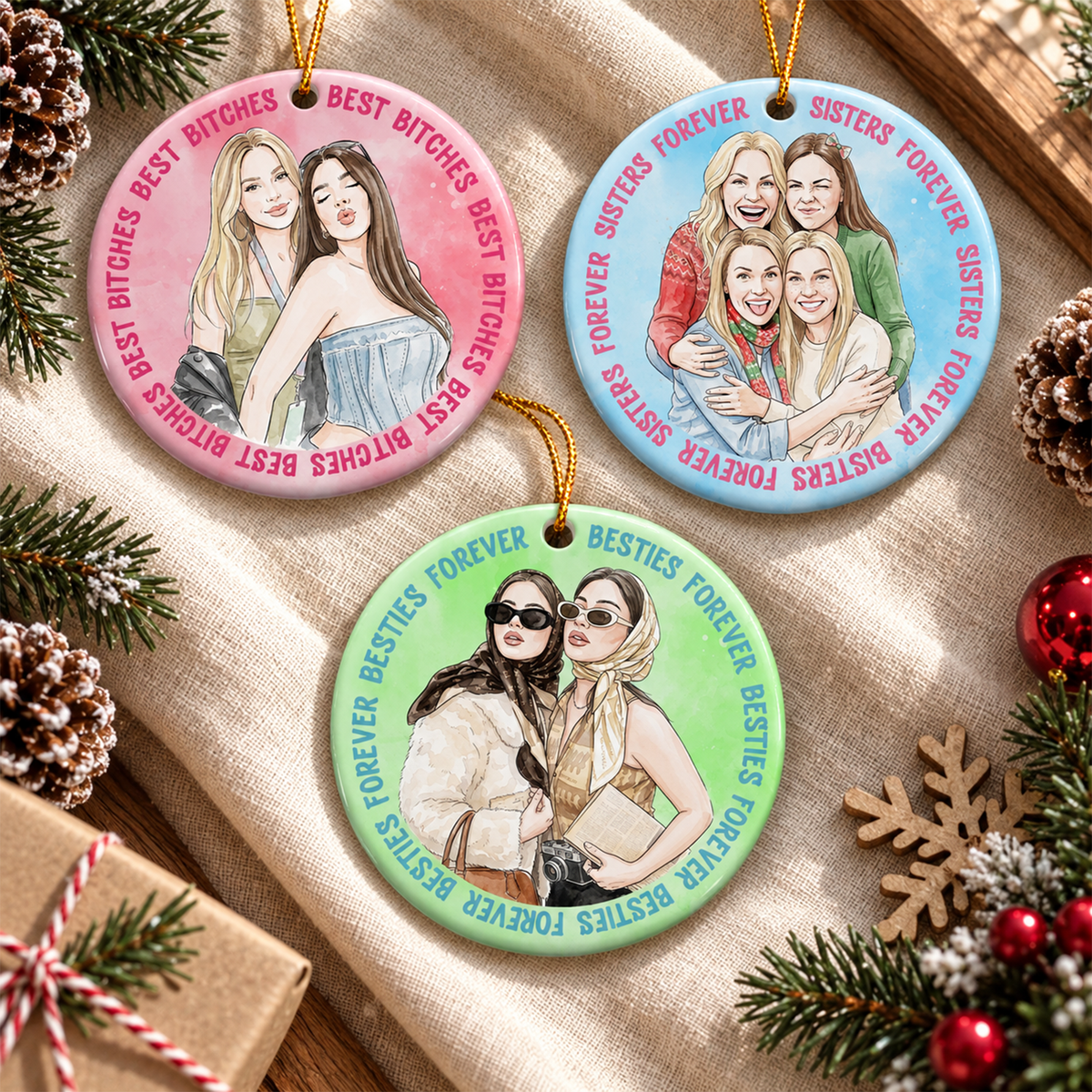 Custom Photo Watercolor Art Friendship Gifts For Her, BFF, Soul Sisters New Version - Personalized Ornament