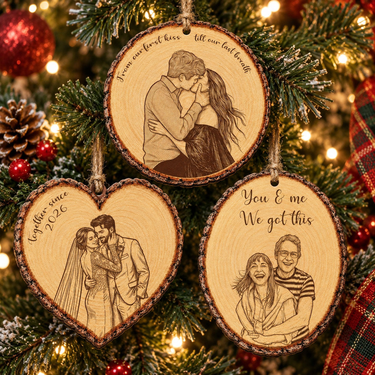 Custom Portrait Art Printed Wood Slice - For Couples, Anniversary Xmas Gifts - Personalized Ornament