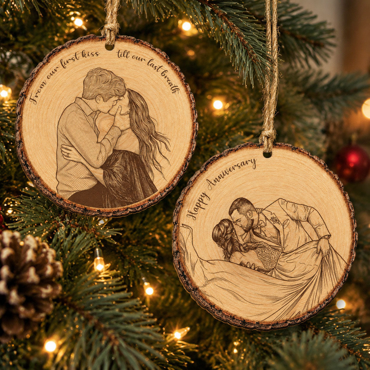 Custom Portrait Art Printed Wood Slice - For Couples, Anniversary Xmas Gifts - Personalized Ornament