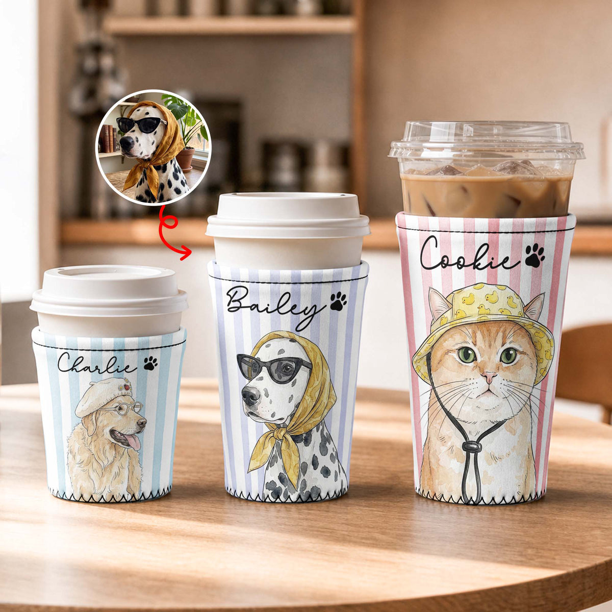 Custom Striped Pattern Watercolor Pet Portrait - Personalized Iced Coffee Sleeve