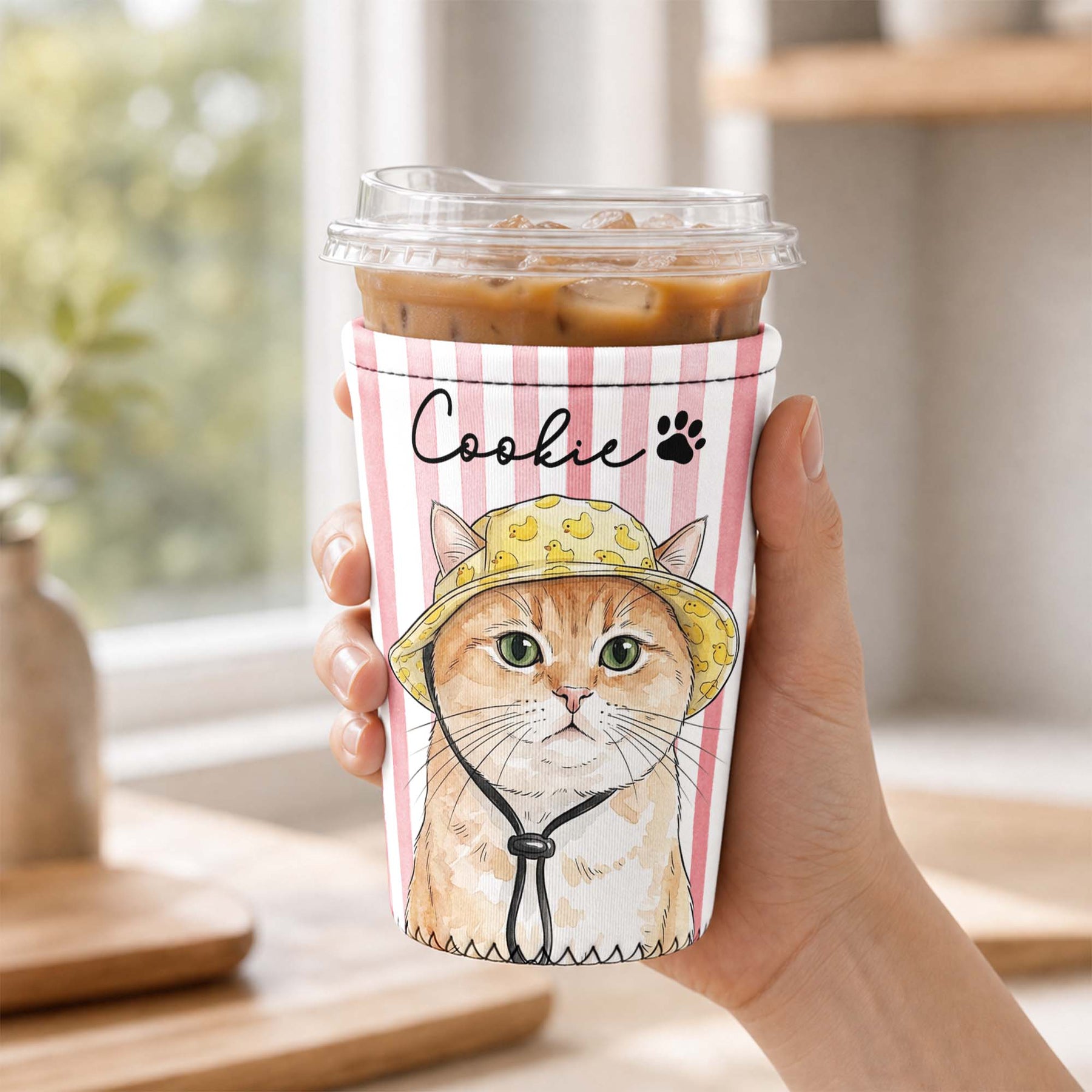 Custom Striped Pattern Watercolor Pet Portrait - Personalized Iced Coffee Sleeve
