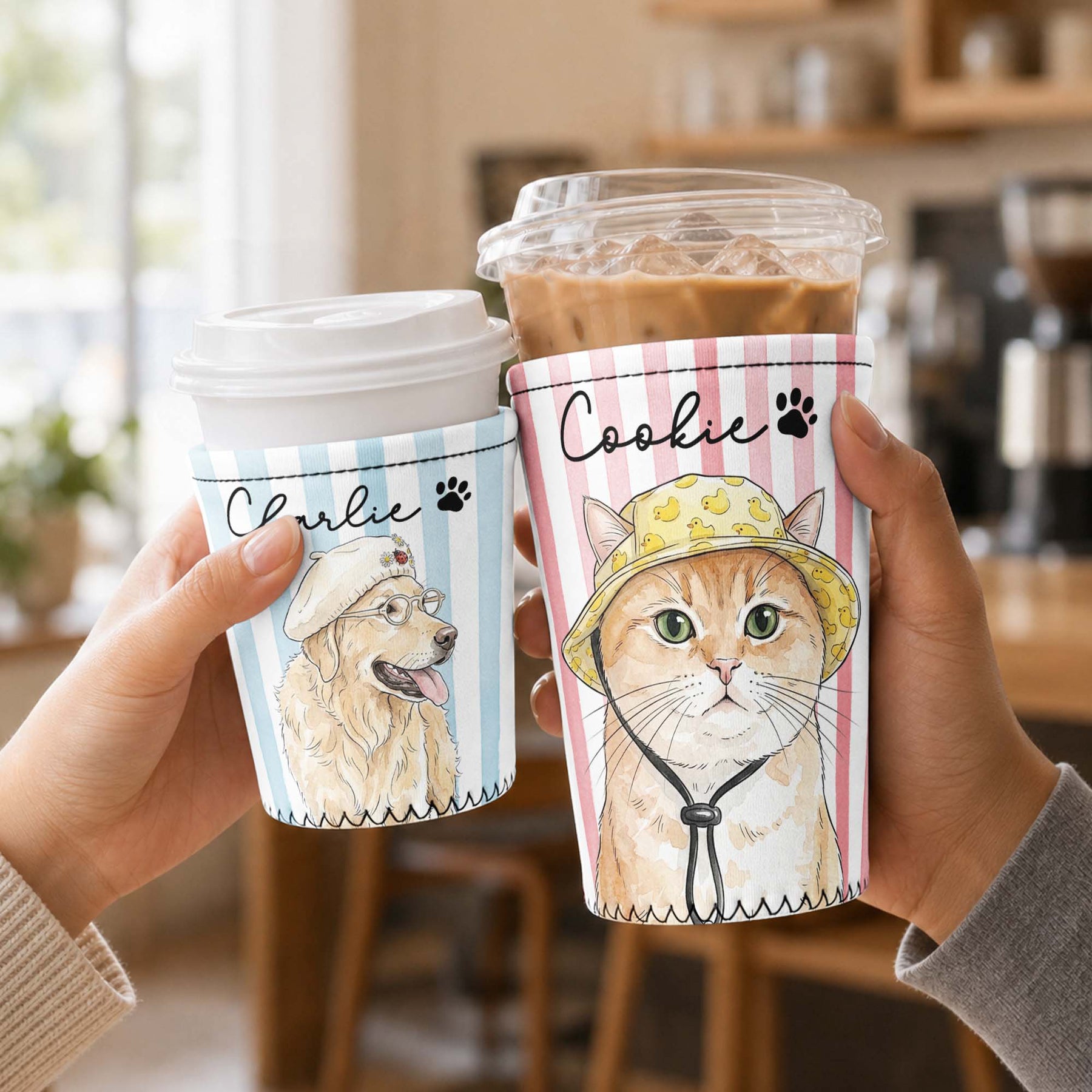 Custom Striped Pattern Watercolor Pet Portrait - Personalized Iced Coffee Sleeve