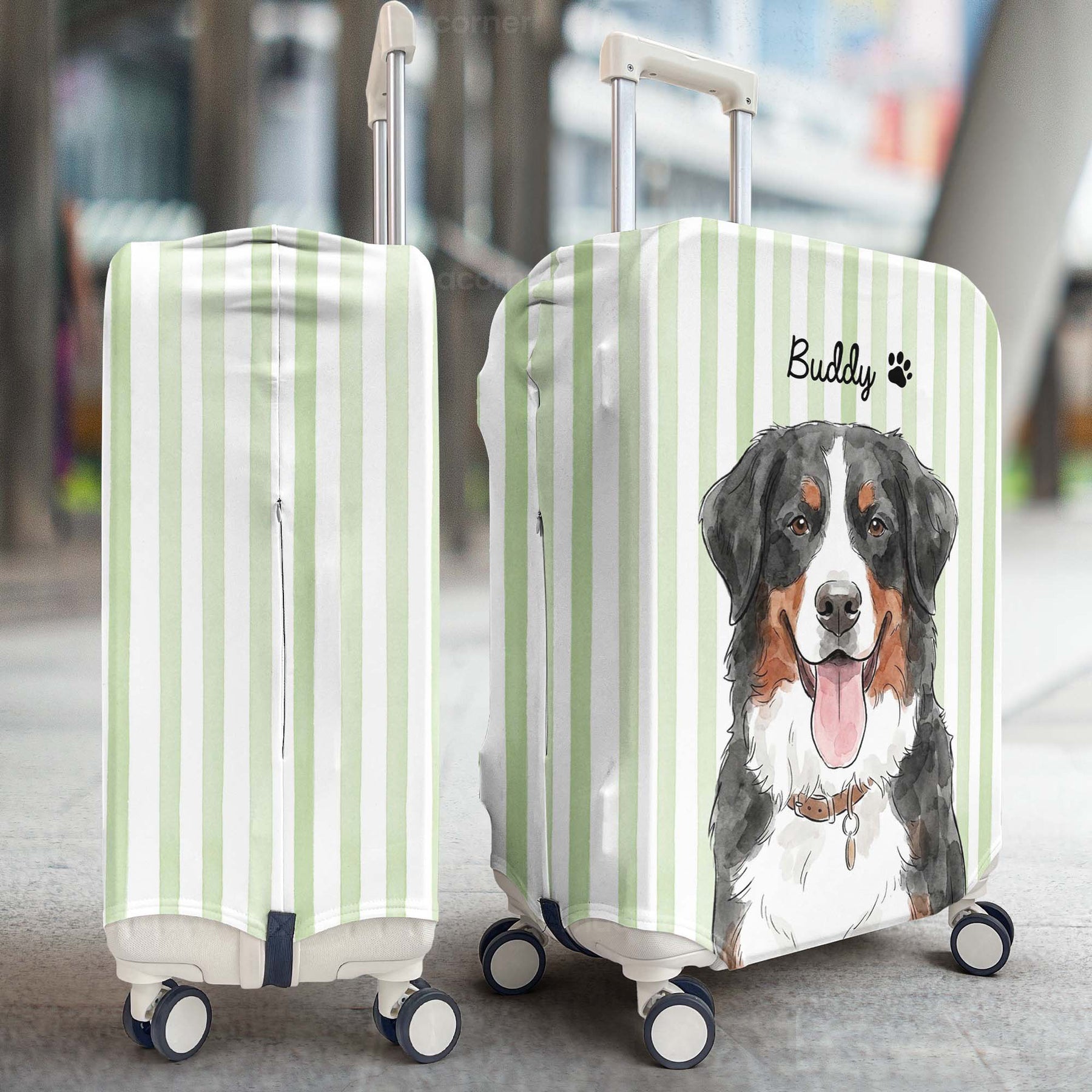 Custom Striped Pattern Watercolor Pet Portrait - Personalized Luggage Cover