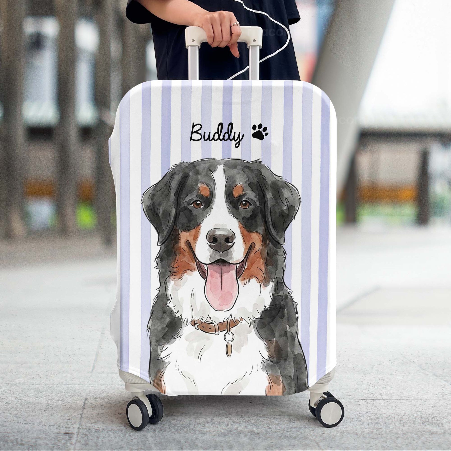 Custom Striped Pattern Watercolor Pet Portrait - Personalized Luggage Cover
