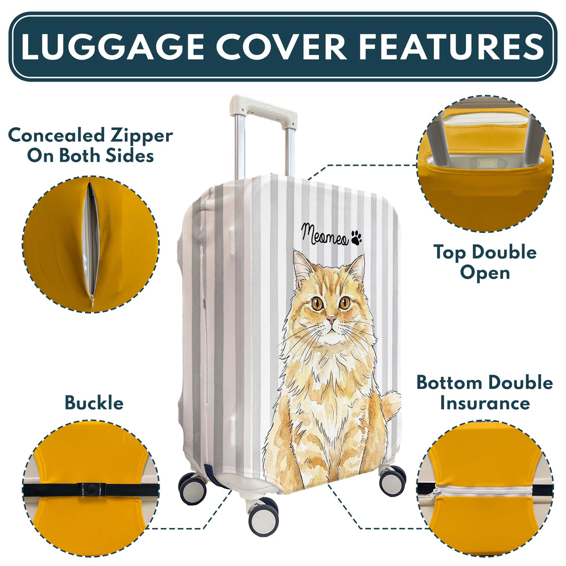 Custom Striped Pattern Watercolor Pet Portrait - Personalized Luggage Cover