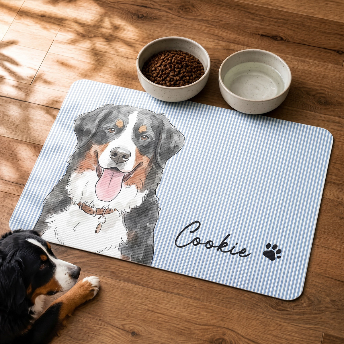 Custom Striped Pattern Watercolor Pet Portrait - Personalized Pet Feeding Mat