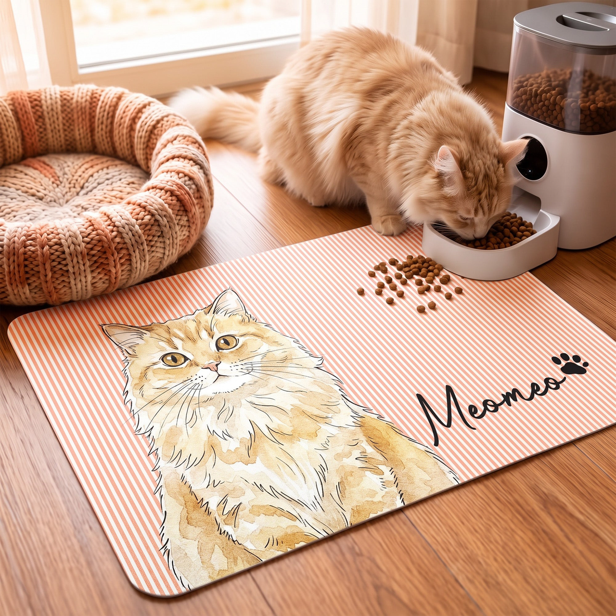 Custom Striped Pattern Watercolor Pet Portrait - Personalized Pet Feeding Mat
