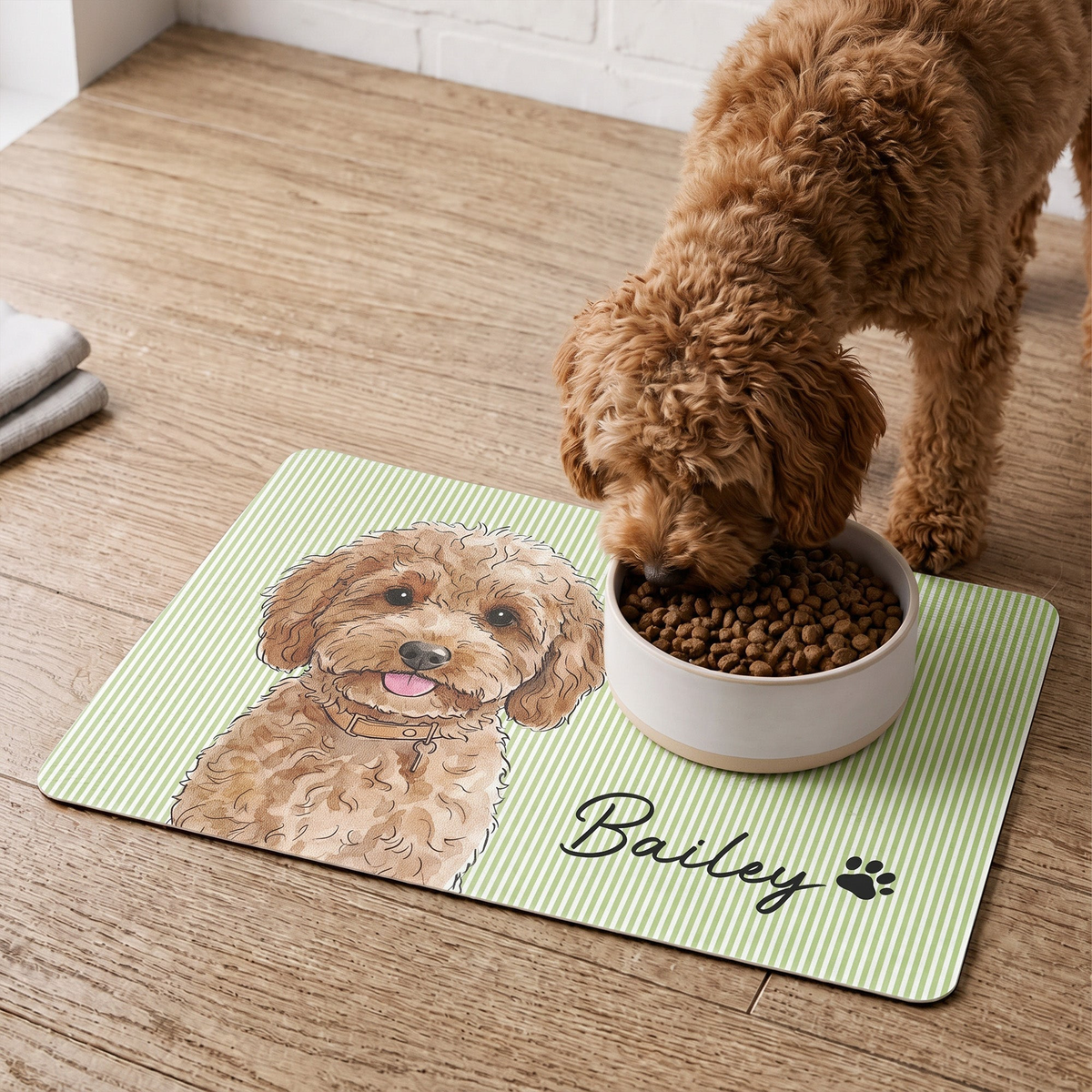 Custom Striped Pattern Watercolor Pet Portrait - Personalized Pet Feeding Mat