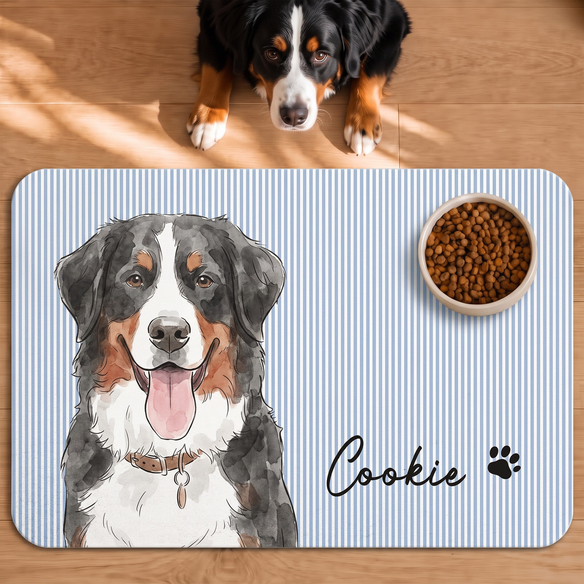 Custom Striped Pattern Watercolor Pet Portrait - Personalized Pet Feeding Mat