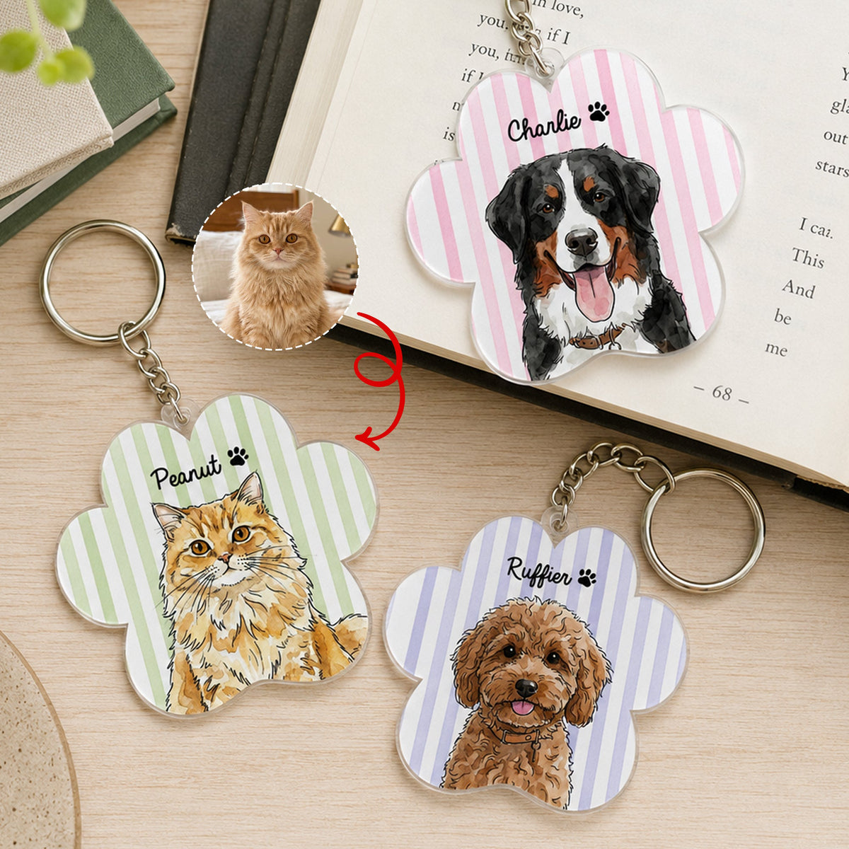 Custom Striped Watercolor Pet Portrait Keyring - Personalized Keychain