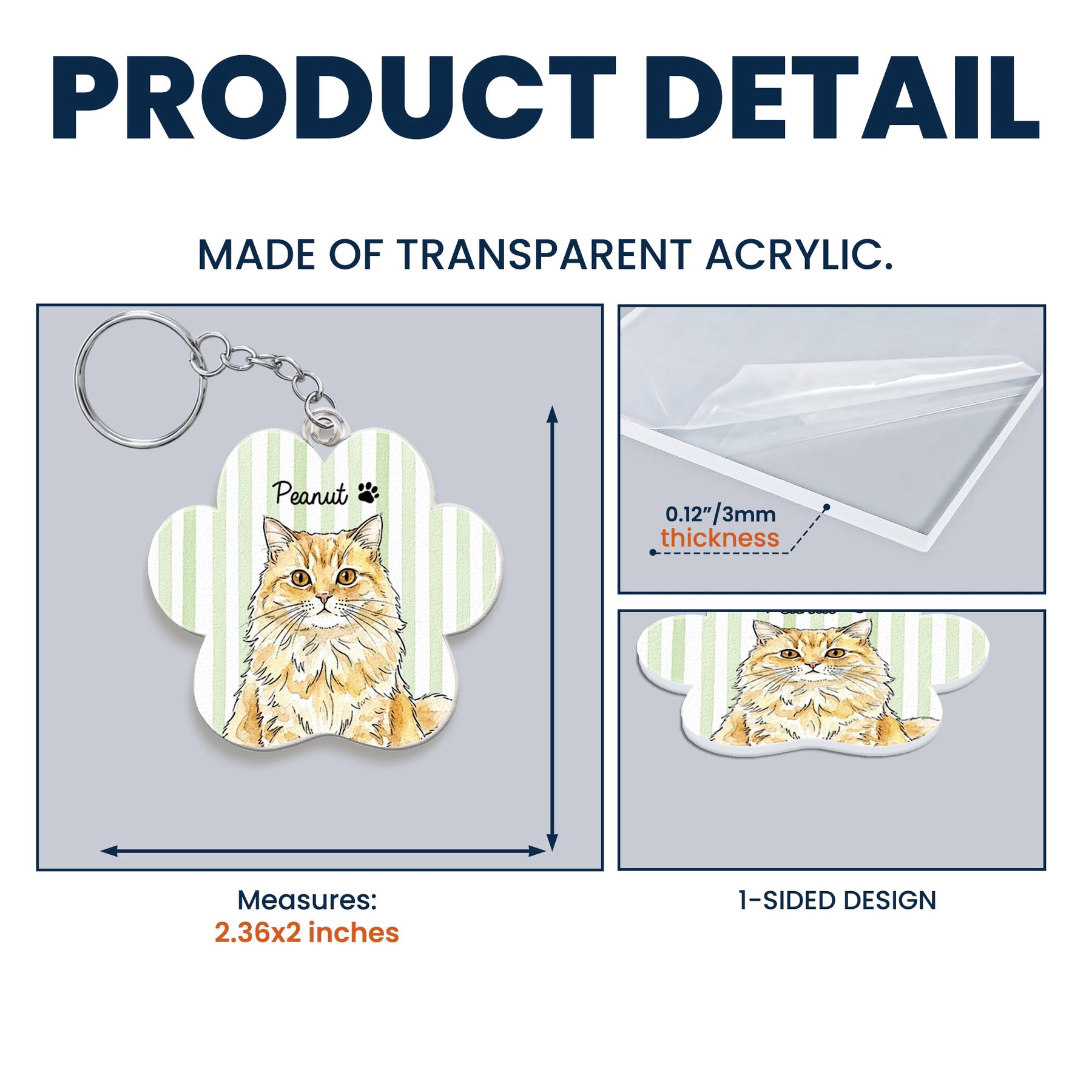 Custom Striped Watercolor Pet Portrait Keyring - Personalized Keychain