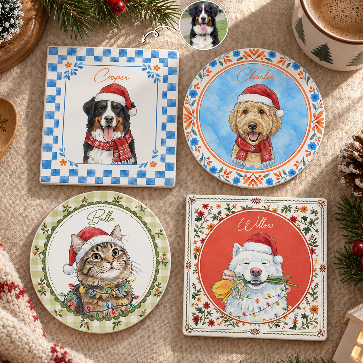 Custom Watercolor Photo Pet With Santa Hat - Personalized Coaster