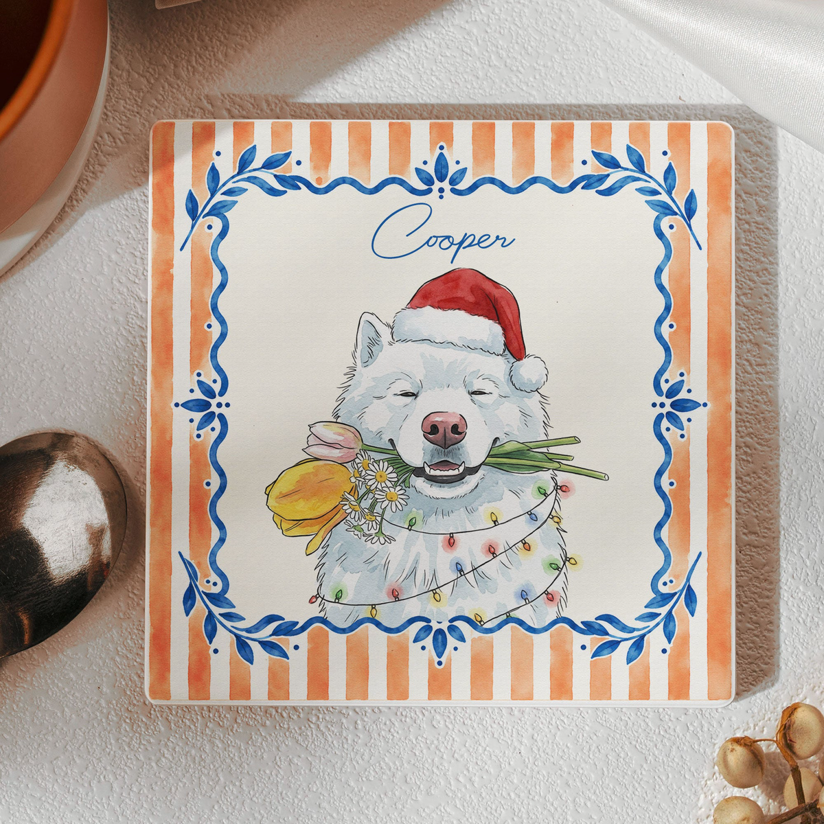 Custom Watercolor Photo Pet With Santa Hat - Personalized Coaster