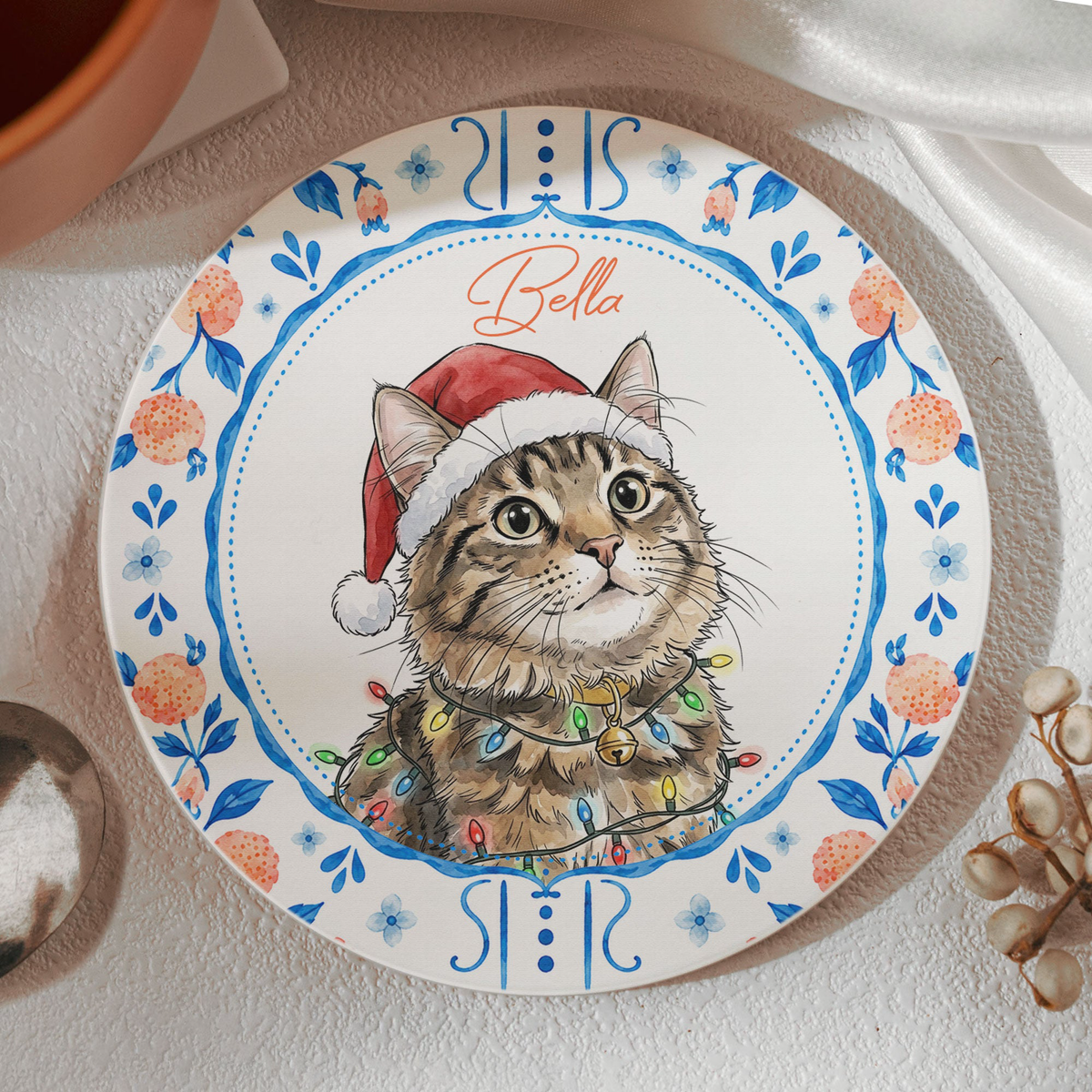 Custom Watercolor Photo Pet With Santa Hat - Personalized Coaster