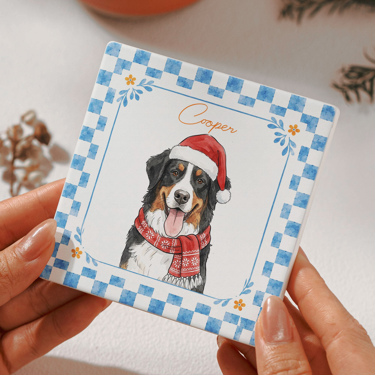 Custom Watercolor Photo Pet With Santa Hat - Personalized Coaster