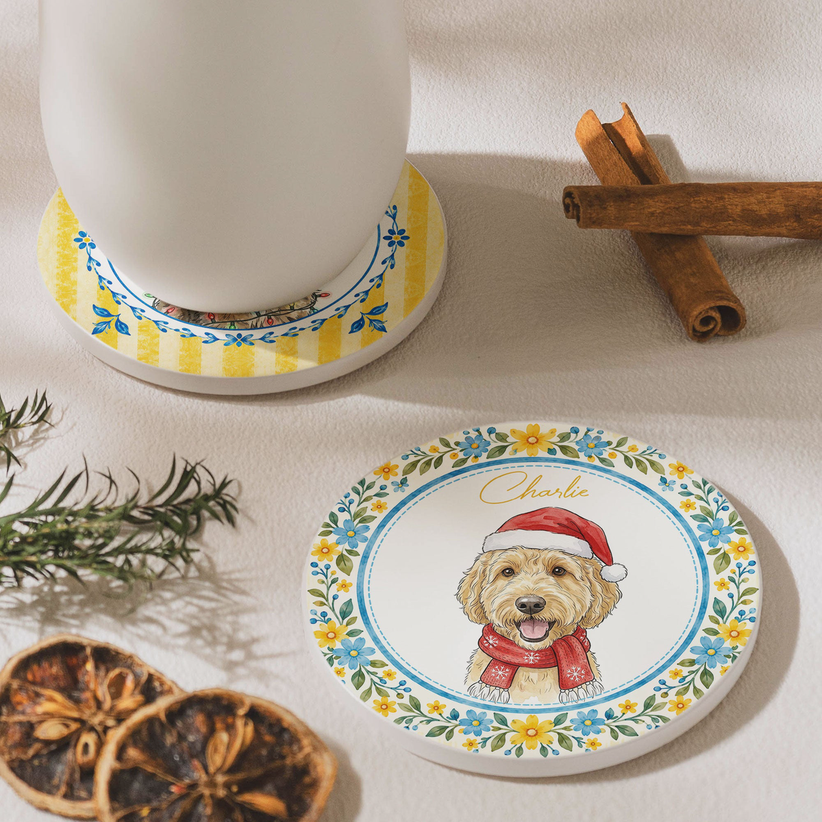 Custom Watercolor Photo Pet With Santa Hat - Personalized Coaster