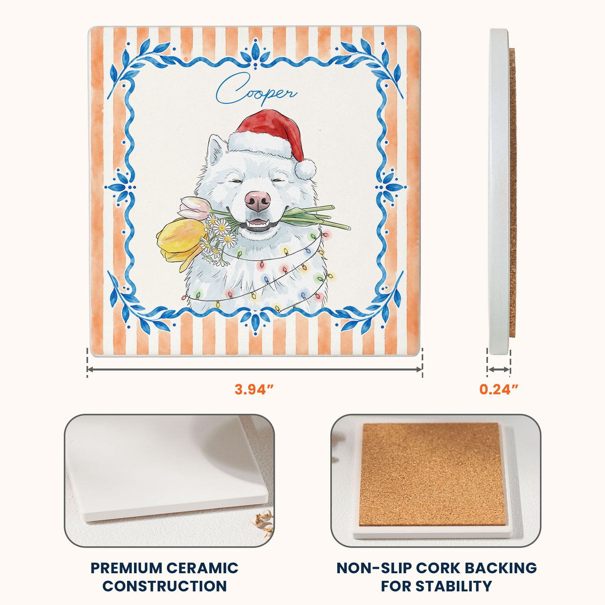 Custom Watercolor Photo Pet With Santa Hat - Personalized Coaster