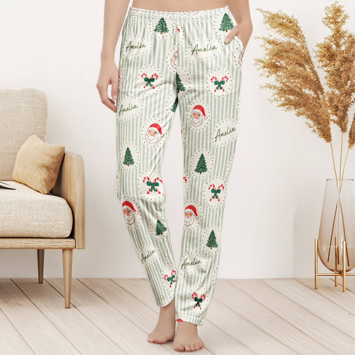 Cute Santa Claus Tree Custom Name, Christmas Gift For Her, Family Matching - Personalized Lounge Pants