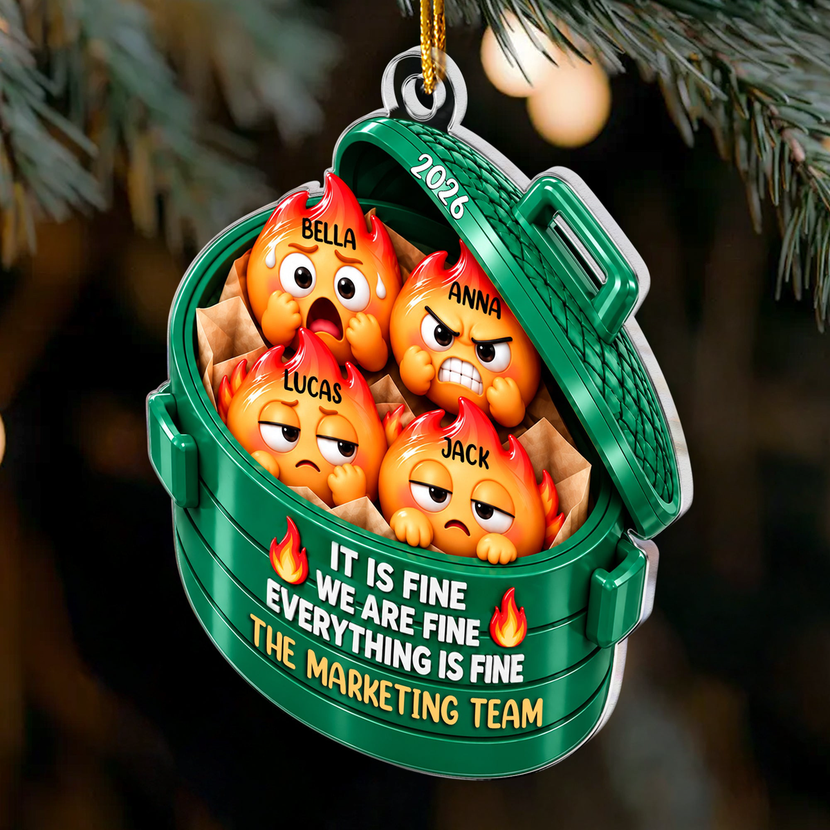 Everything Is Fine Squishy Dumpster Fire Coworkers Christmas Gifts - Personalized Ornament