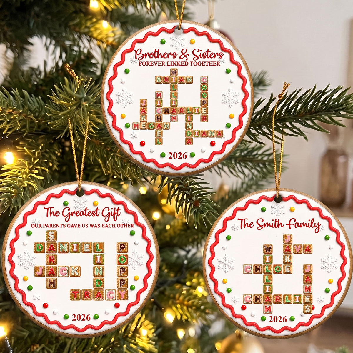 Family Forever - Custom Crossword Scrabble - Gingerbread Style - Personalized Ornament