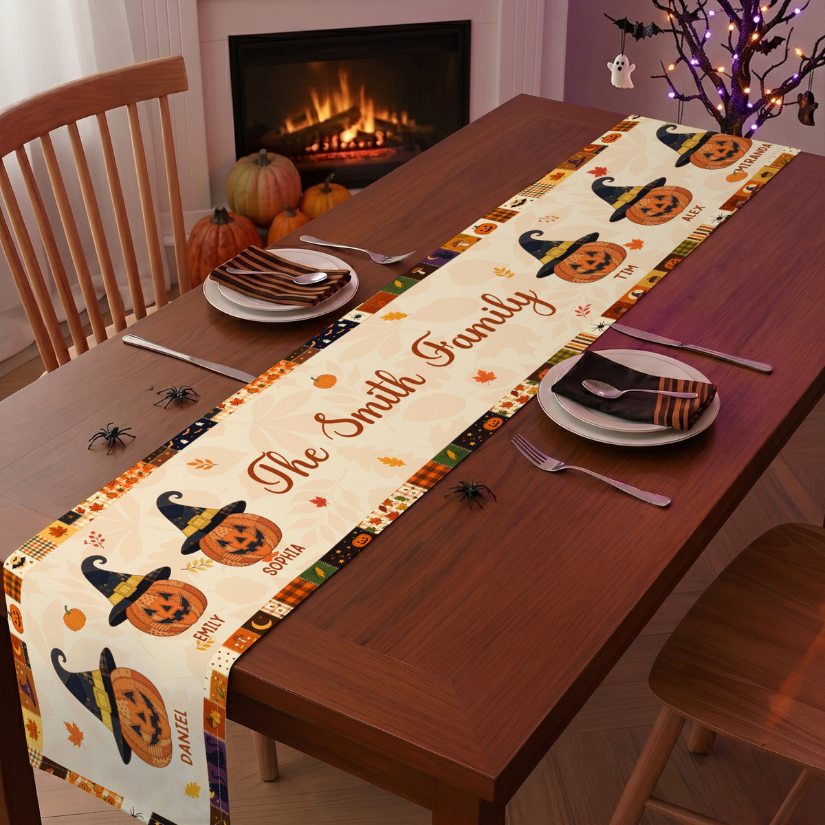 Family Pumpkin Halloween Patchwork Pattern Print - Personalized Table Runner