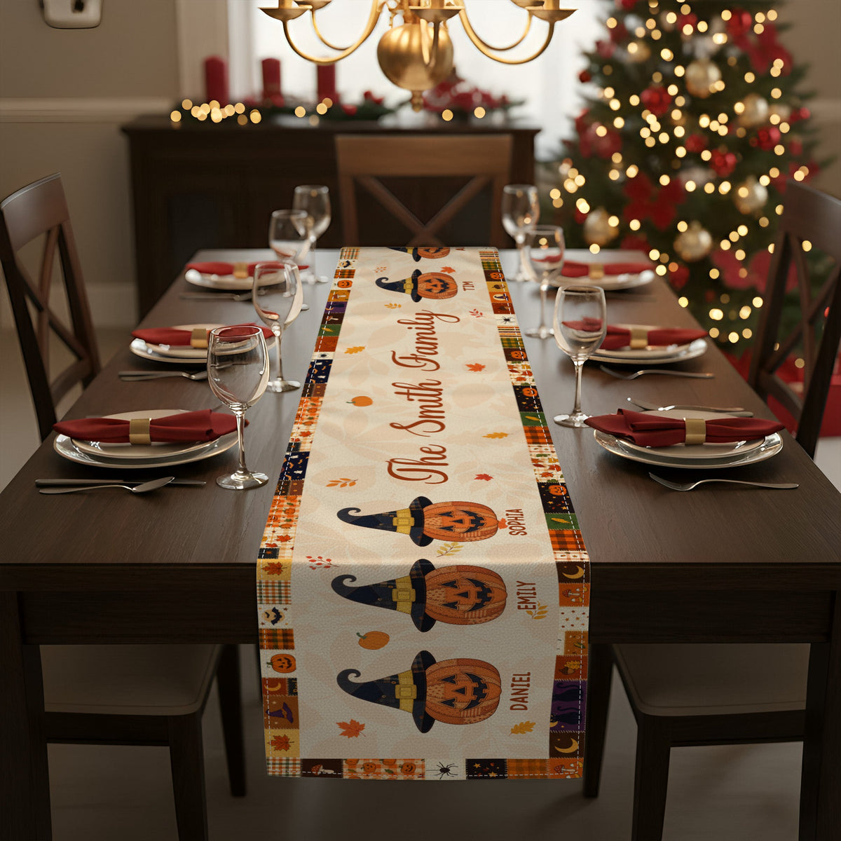 Family Pumpkin Halloween Patchwork Pattern Print - Personalized Table Runner