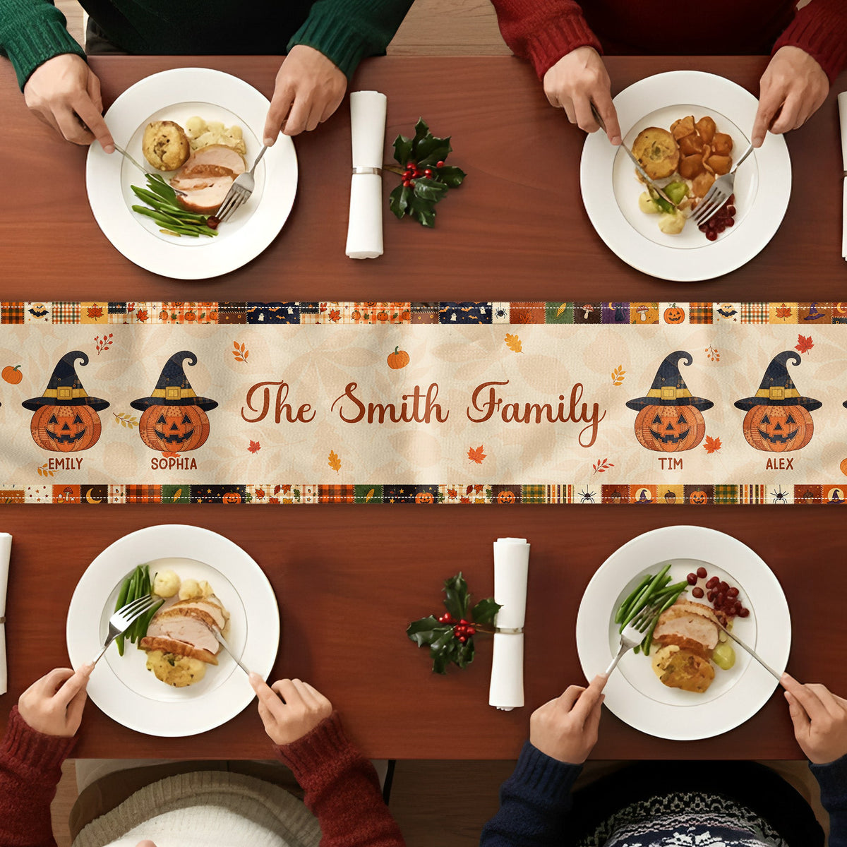 Family Pumpkin Halloween Patchwork Pattern Print - Personalized Table Runner