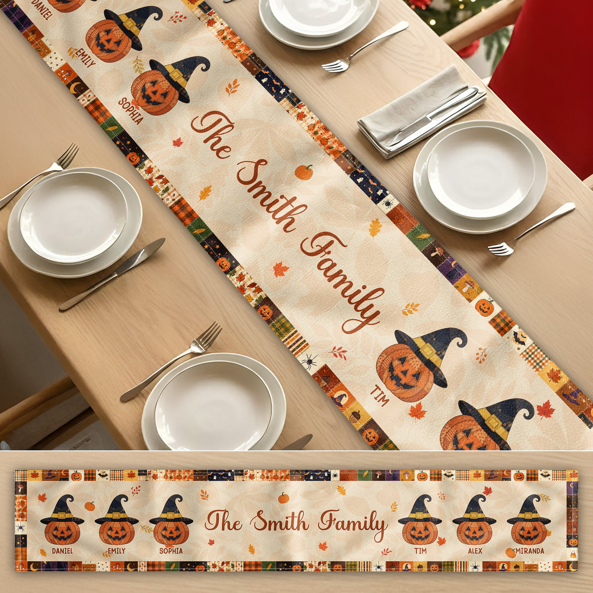 Family Pumpkin Halloween Patchwork Pattern Print - Personalized Table Runner