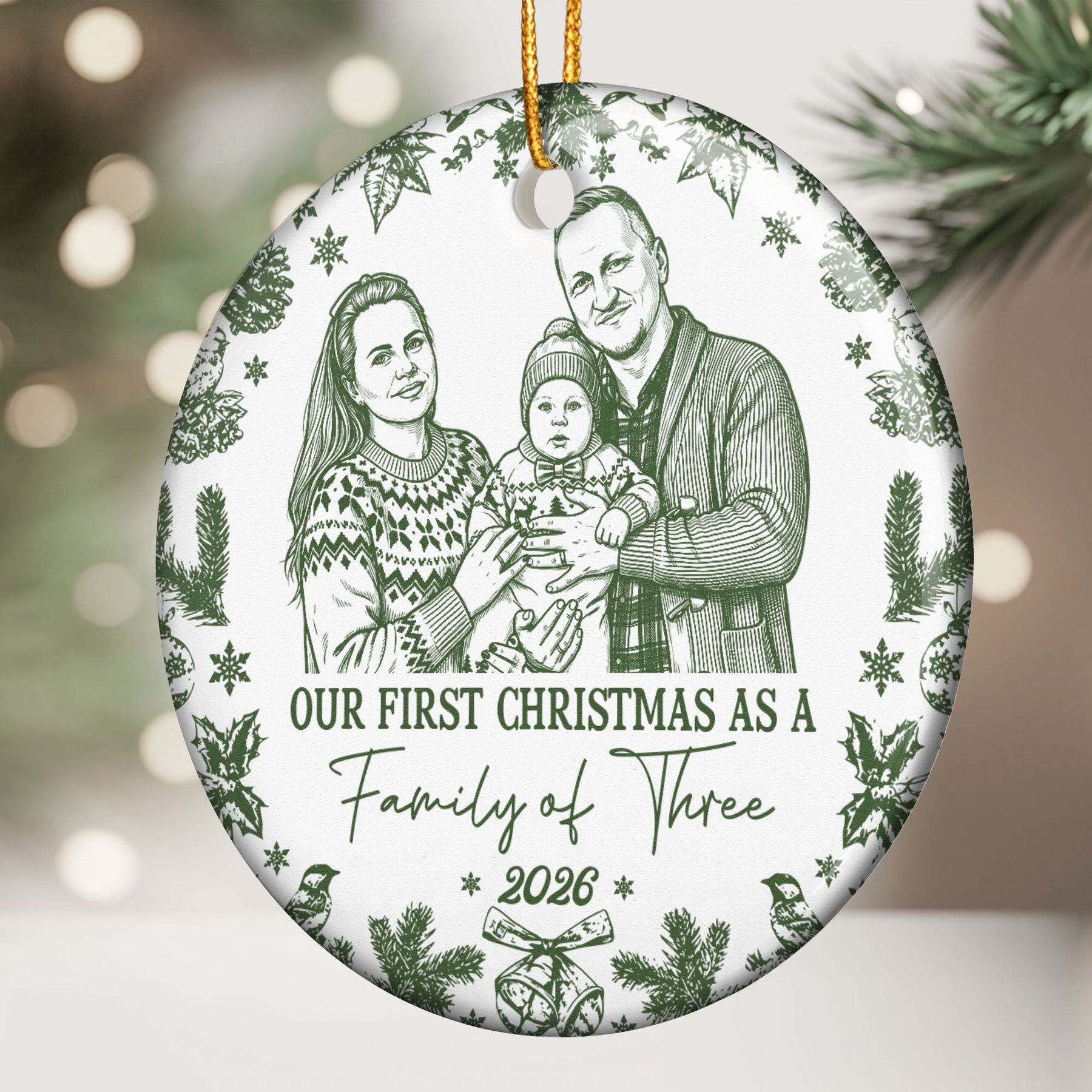 First Christmas As A Family Of Three, Four, Five Custom Photo Sketch Art - Personalized Ornament