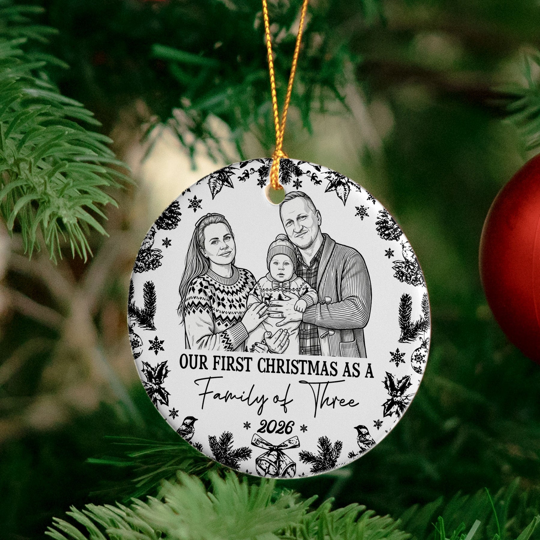 First Christmas As A Family Of Three, Four, Five Custom Photo Sketch Art - Personalized Ornament